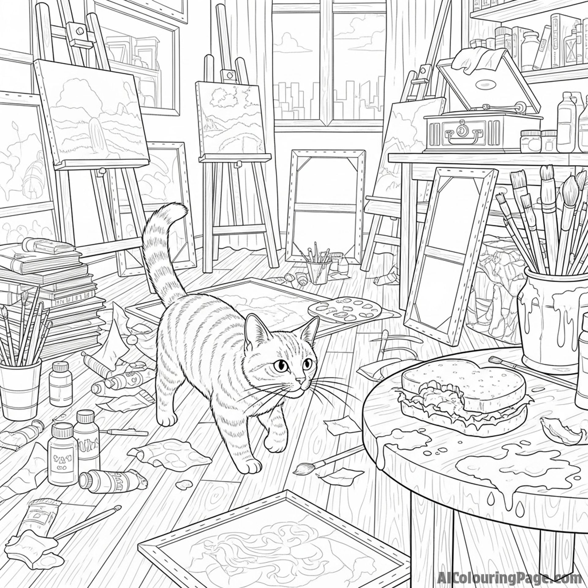 A cat navigating a cluttered artist's studio.
