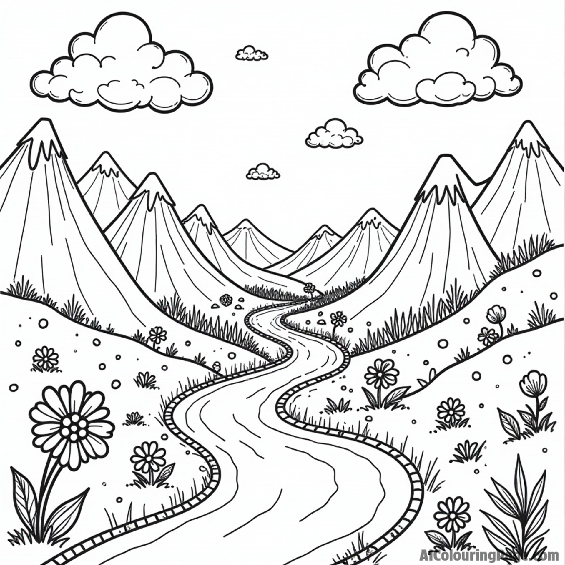 A delightful candyland landscape with chocolate rivers, candy mountains, and jellybean flowers for kids to bring to life.