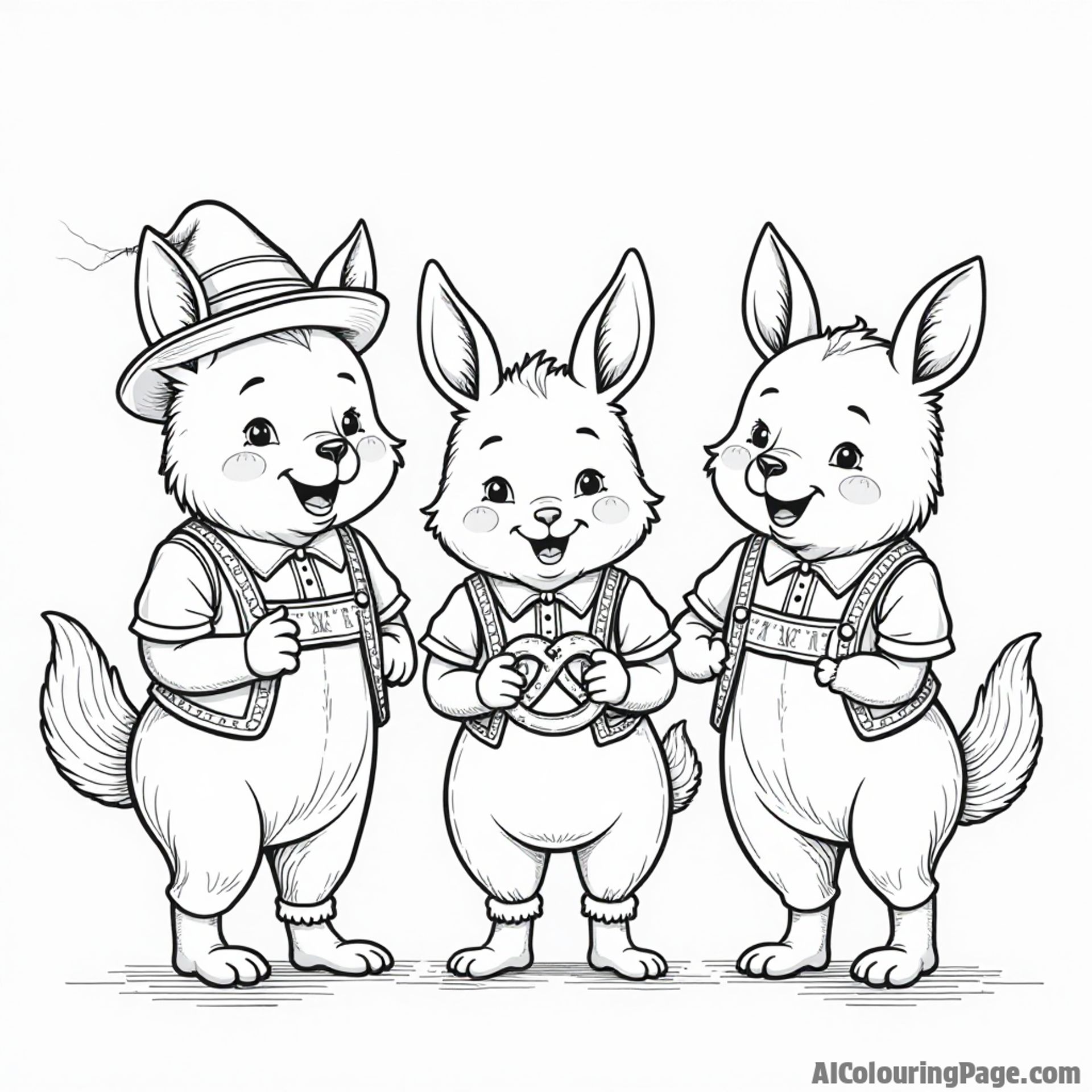 A playful illustration of a group of animals in traditional Bavarian outfits enjoying Oktoberfest festivities, including dancing and eating pretzels, perfect for kids to add their colors.