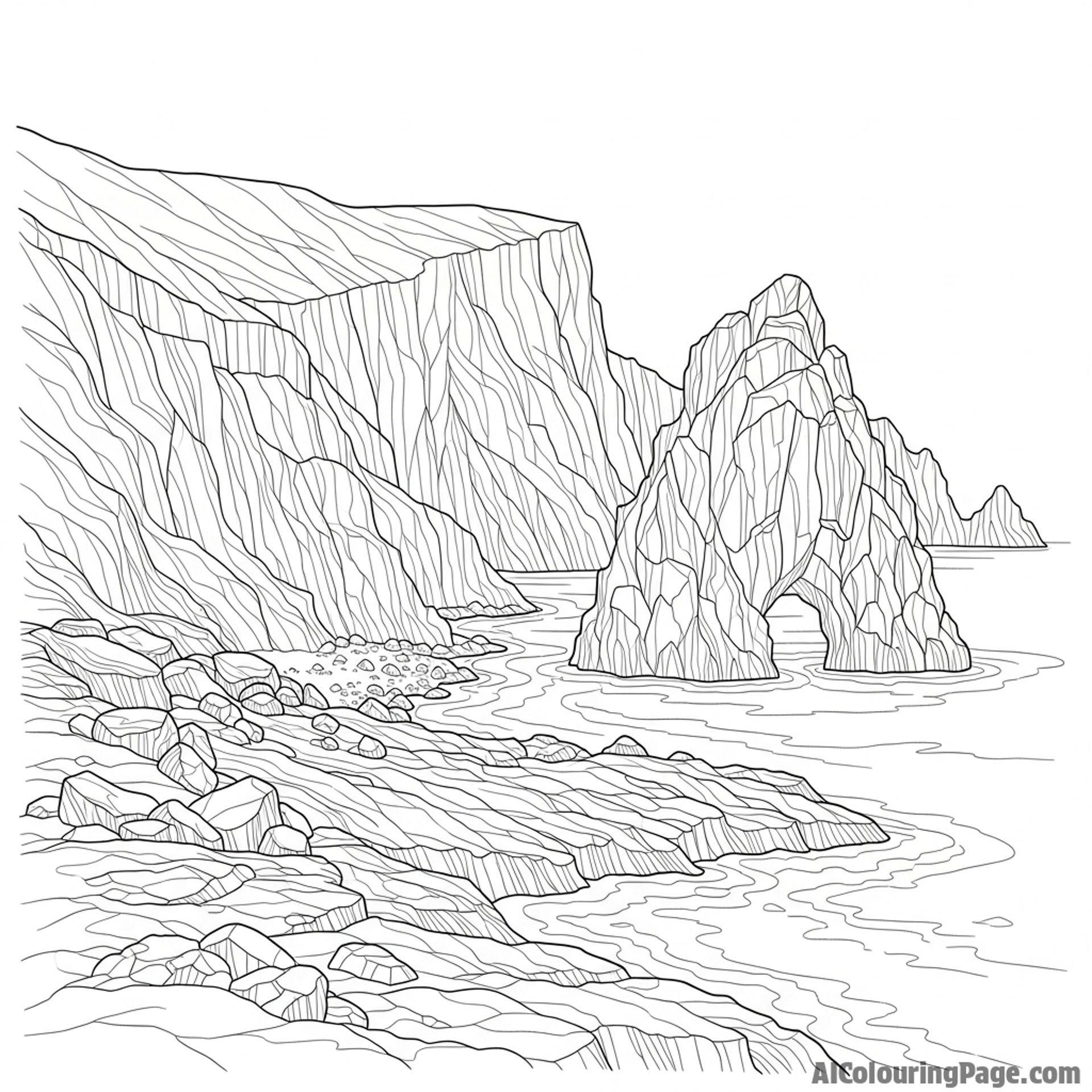 Volcanic rock formations along a rugged coastline.