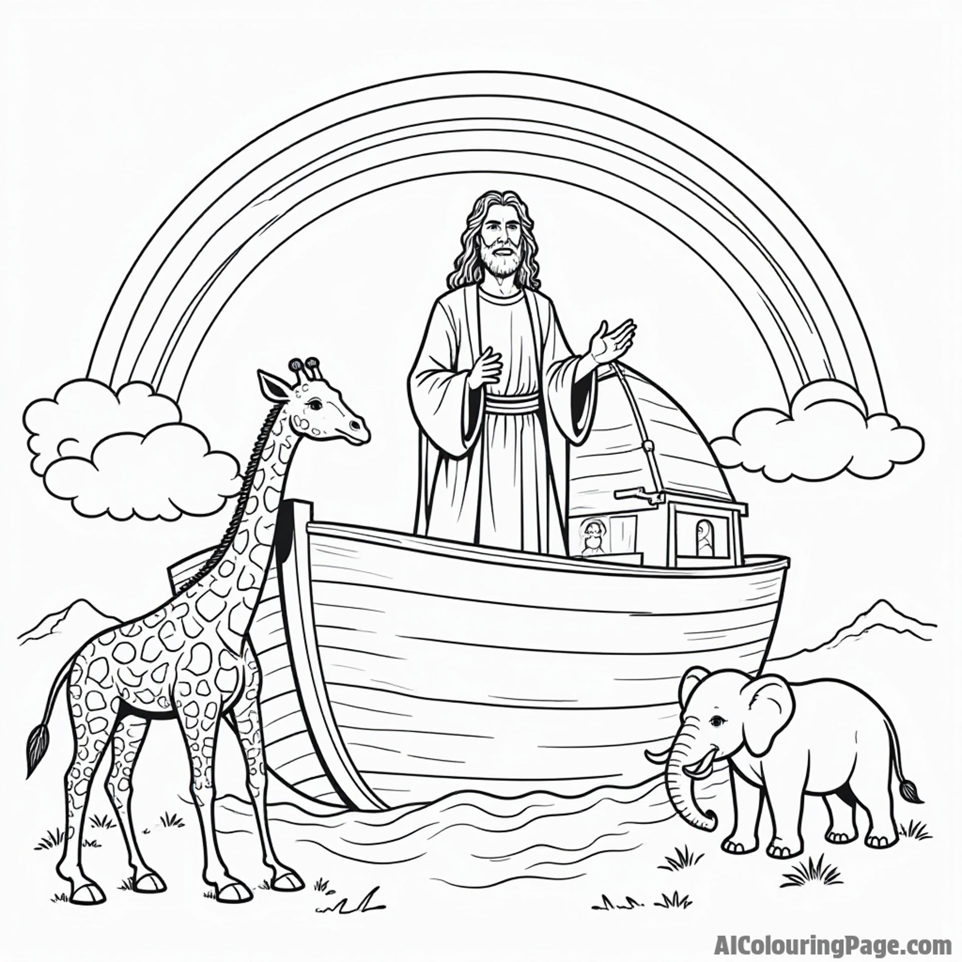 Noah standing on the ark with a rainbow overhead, surrounded by two giraffes and two elephants in the background.