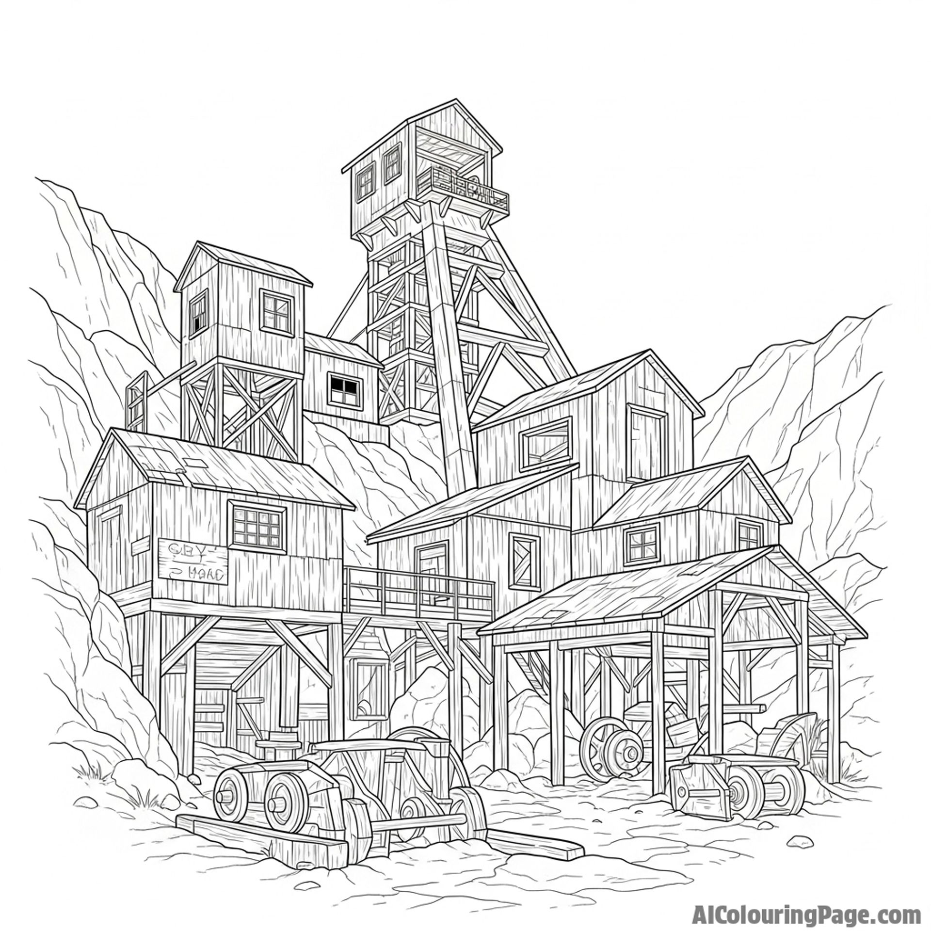 Abandoned mine, weathered buildings, decaying machinery.