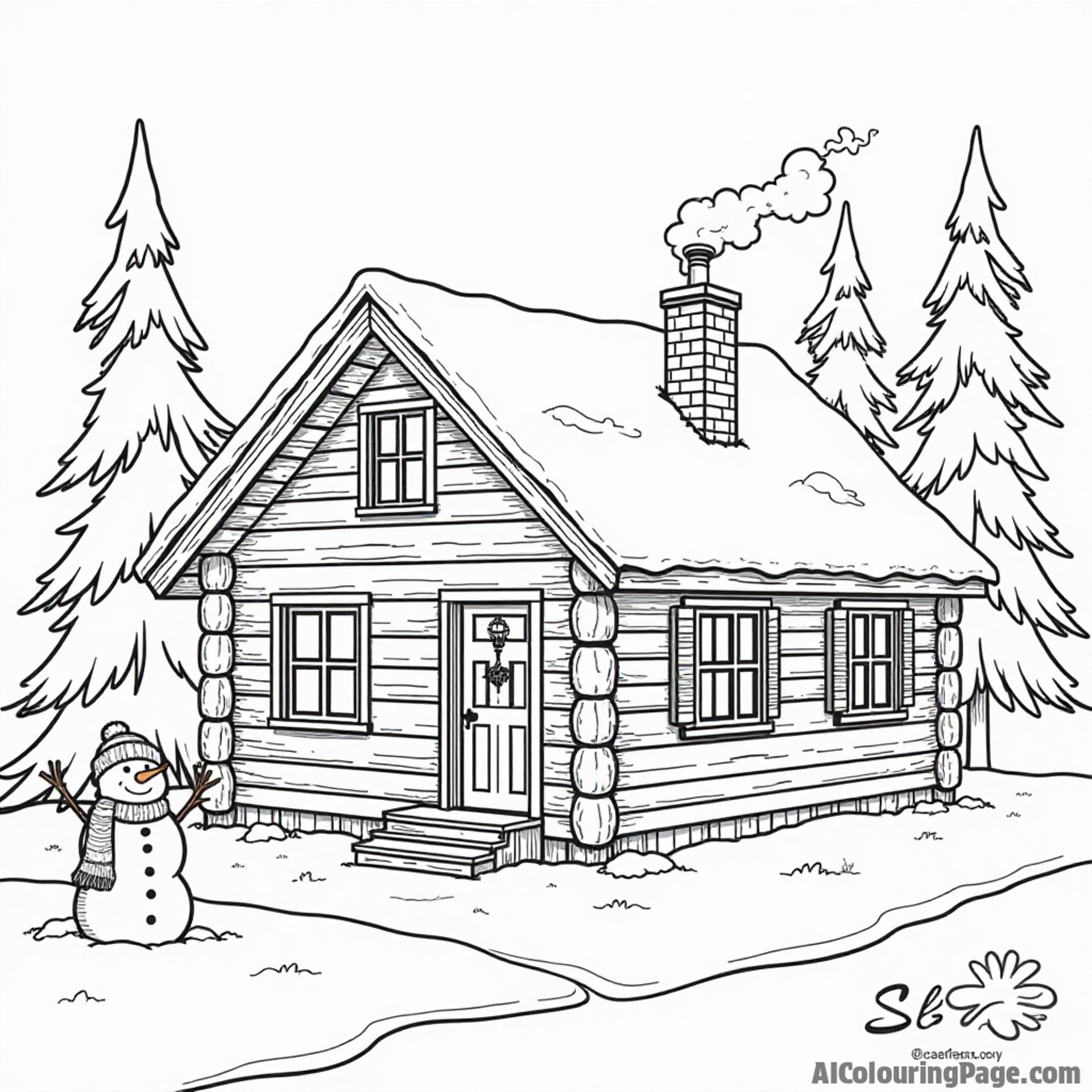 A cozy log cabin with a smoking chimney, surrounded by snow-covered trees and a snowman, representing winter in Alaska.