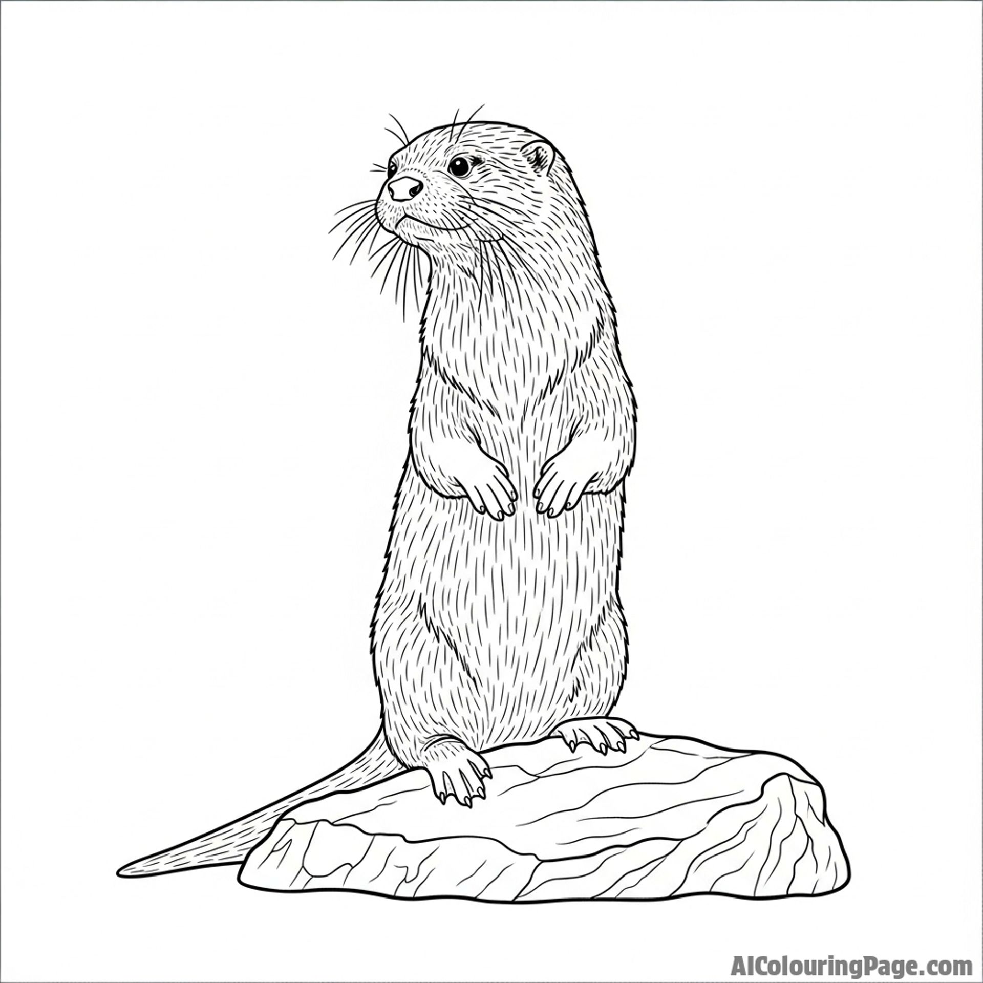 Low-angle view of an otter standing on its hind legs on a rock, alert.