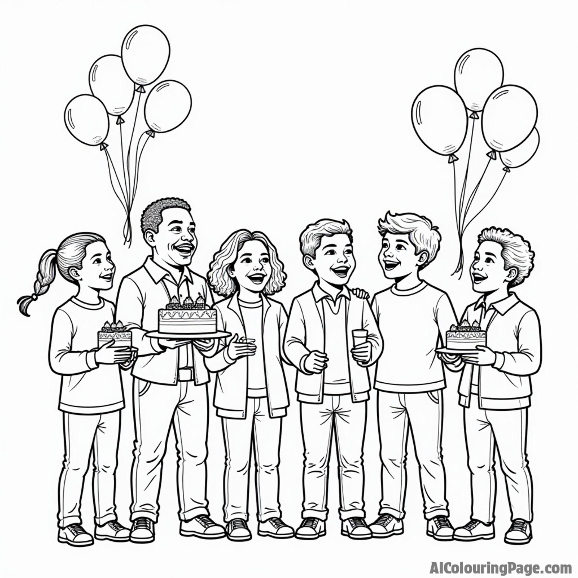 A joyful gathering of children celebrating Martin Luther King Jr. Day, with balloons, cakes, and decorations, all outlined for kids to color their own festive celebration.
