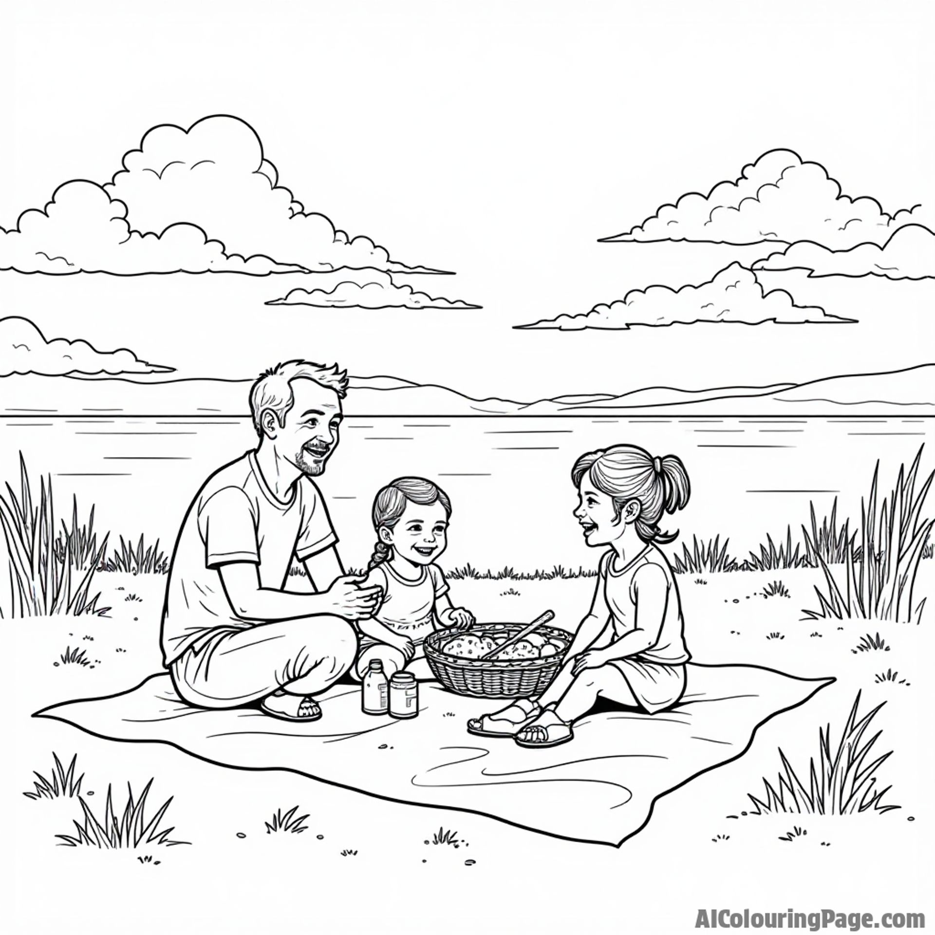 A cheerful family enjoying a picnic at the Indiana Dunes, with a lake and sand dunes in the background for coloring.