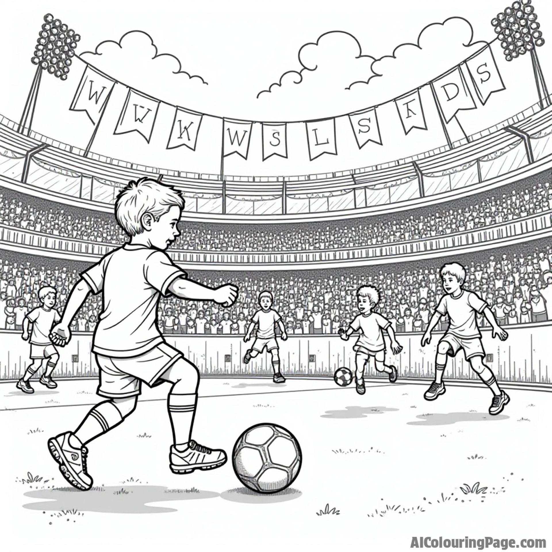 A fun-filled sports scene with kids playing soccer, a cheering crowd, and colorful banners, celebrating New Jersey’s sports culture.