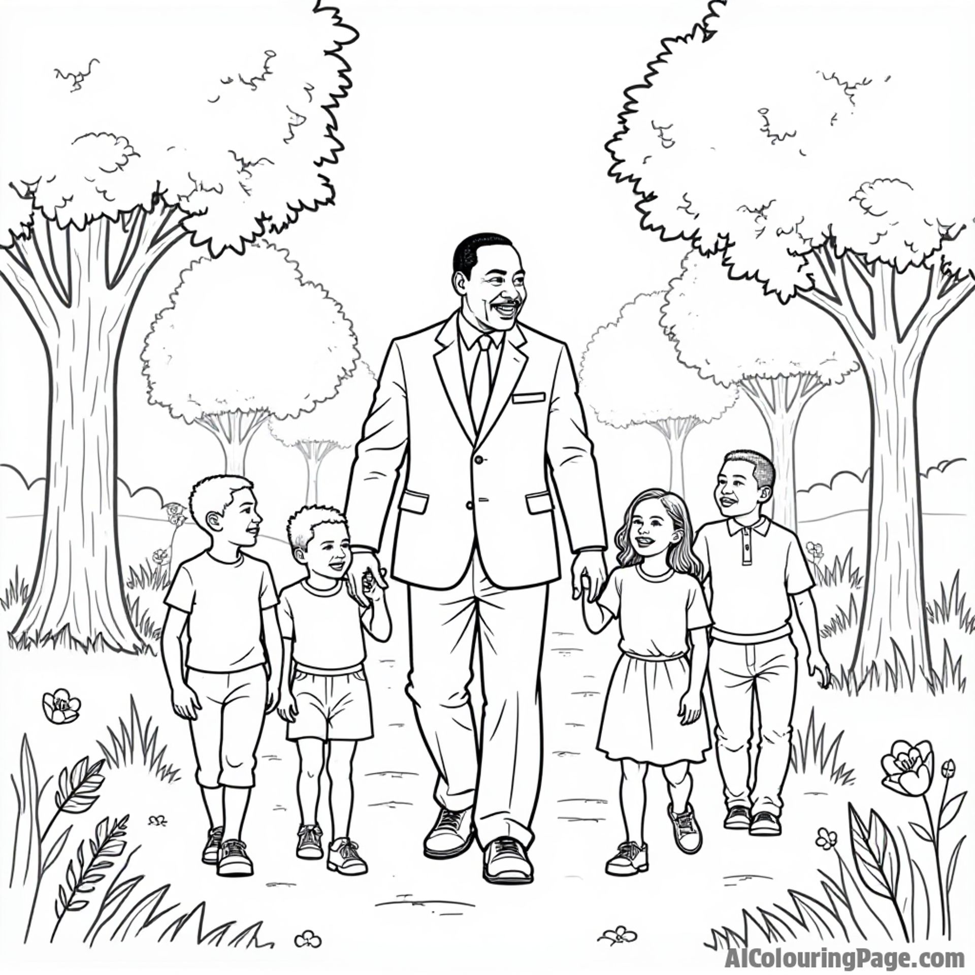 A historical moment of Martin Luther King Jr. walking with children in a park, discussing dreams and hopes, with trees and flowers, outlined for kids to color.