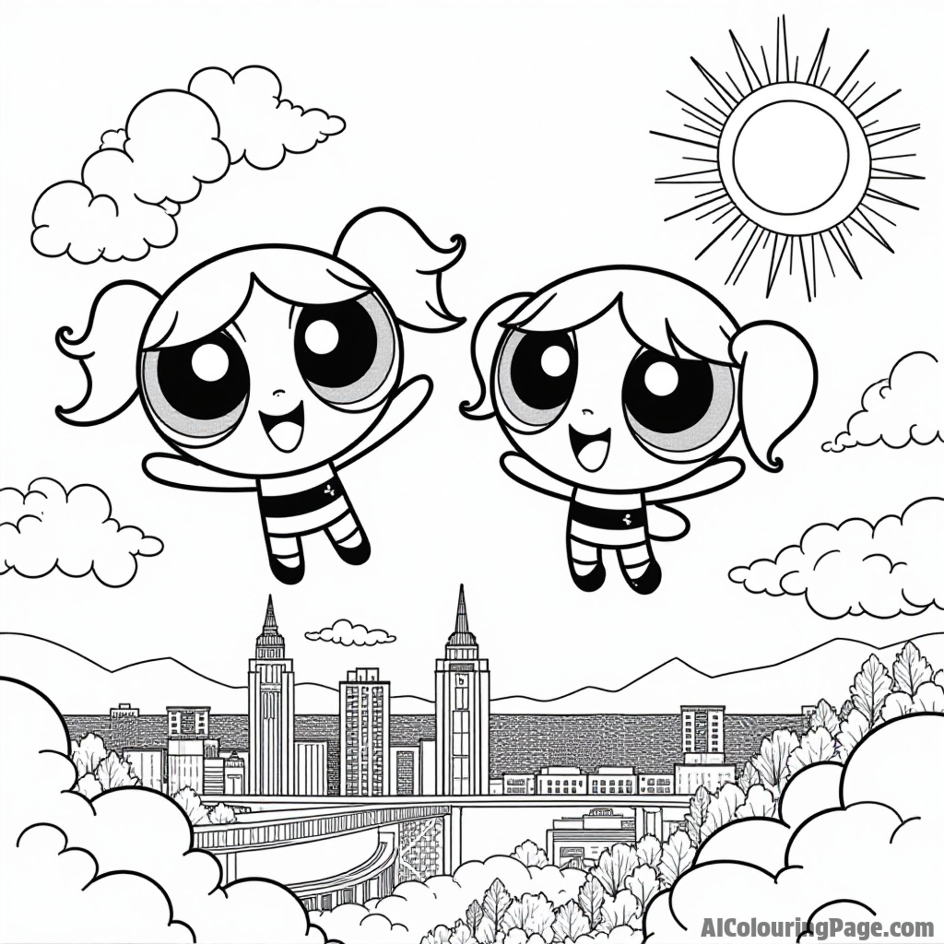 Powerpuff Girls flying over Townsville, surrounded by colorful balloons and a bright sun shining in the clear blue sky