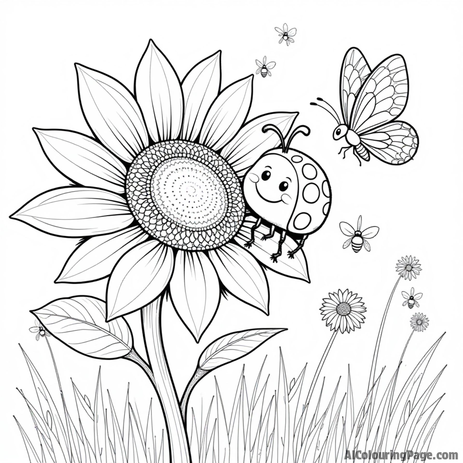 A happy ladybug lounging on a sunflower with a butterfly friend, surrounded by buzzing bees and tall green grass.