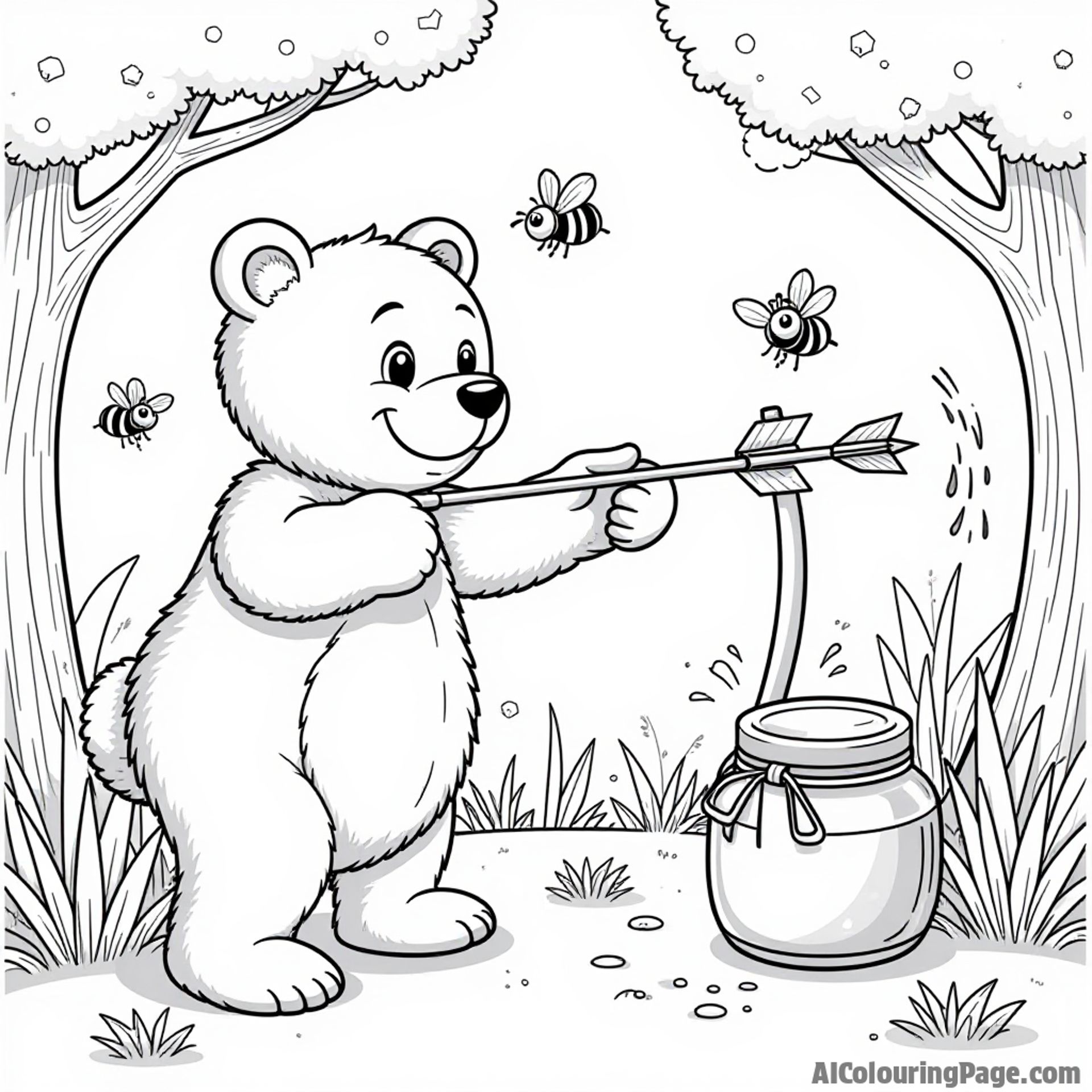A playful bear trying to shoot arrows at a honey jar target, with bees buzzing around and trees in the background, combining fun and nature in this archery coloring scene.