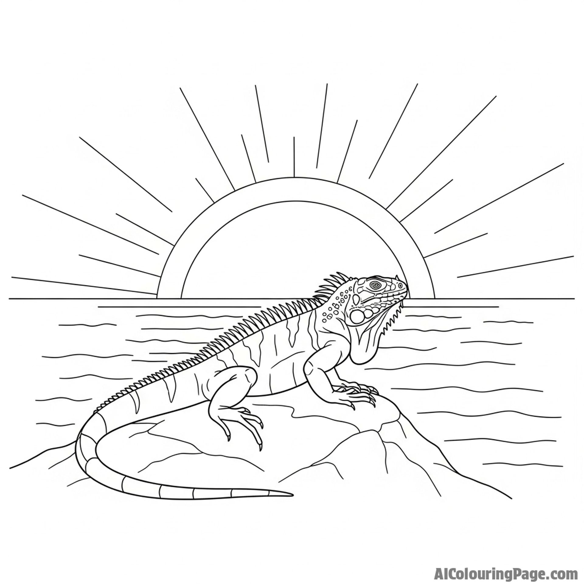 An iguana silhouetted against a setting sun over the ocean.