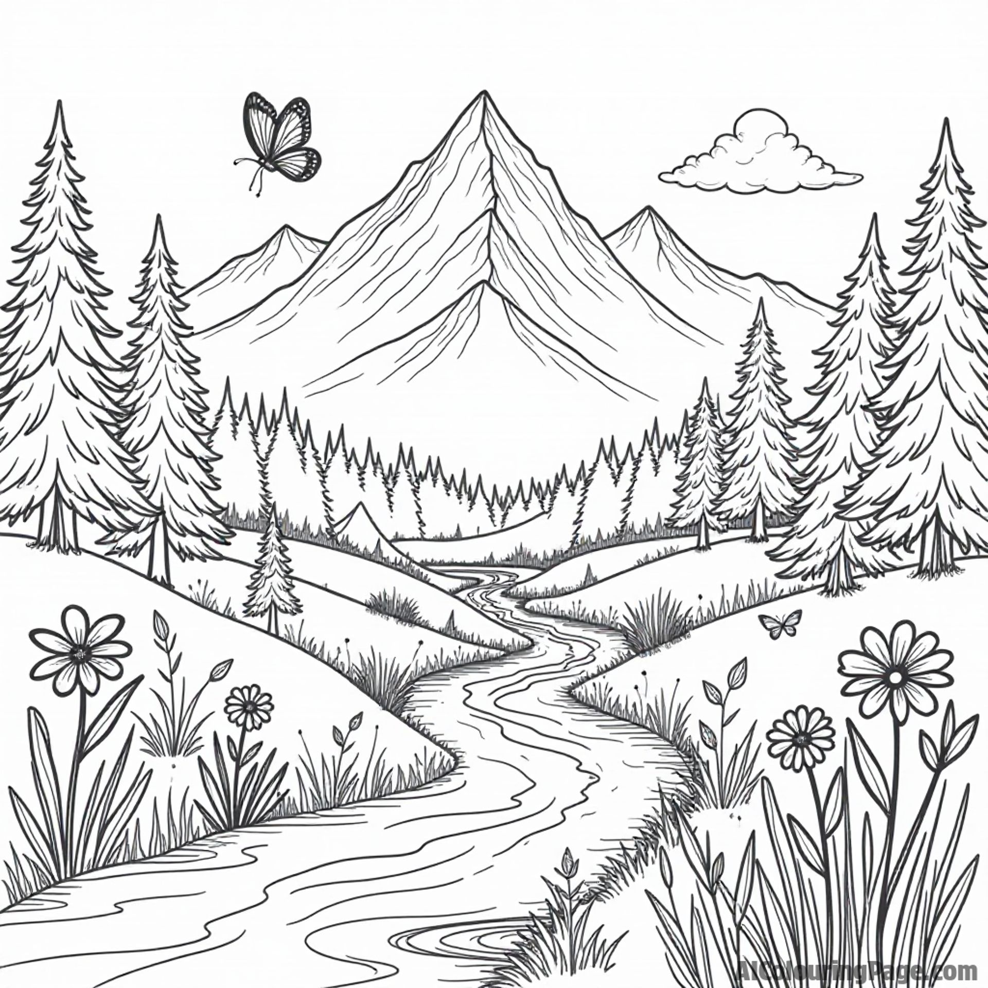 A scenic mountain valley filled with blooming wildflowers, a bubbling brook, and butterflies fluttering around.