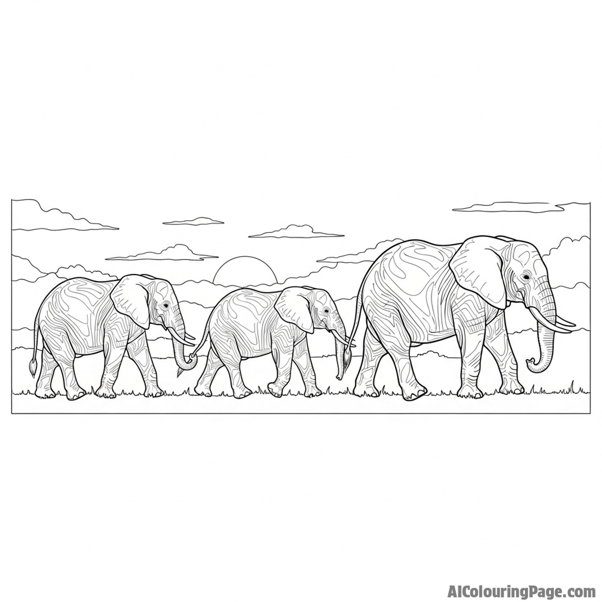 A family of elephants walking in a line, trunks holding tails, silhouetted against the setting sun