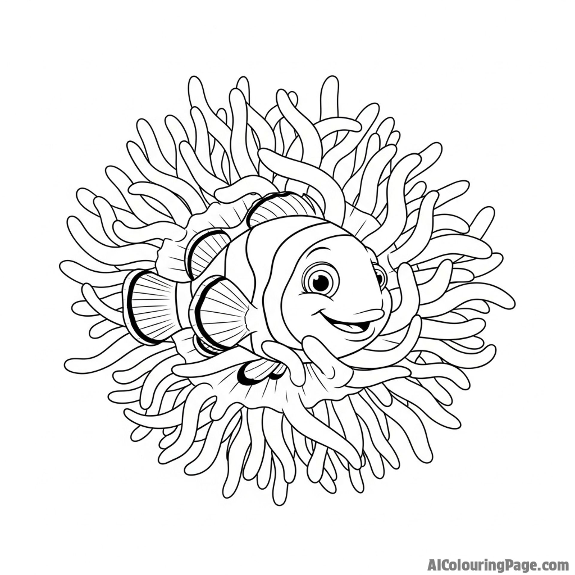 A clownfish peeking out from the tentacles of a sea anemone.