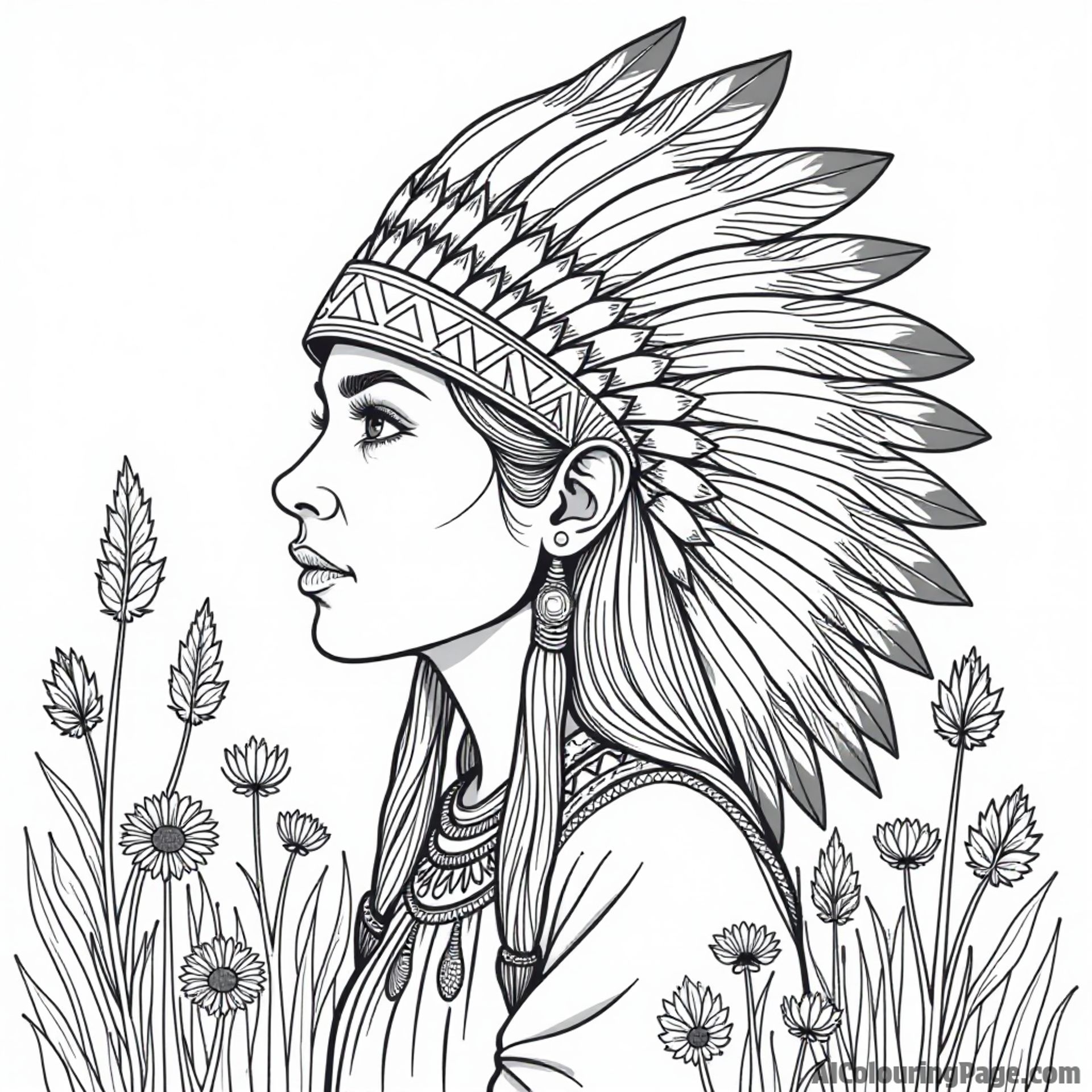 A Native American headdress adorned with feathers, surrounded by wildflowers and a clear sky, perfect for kids to color.
