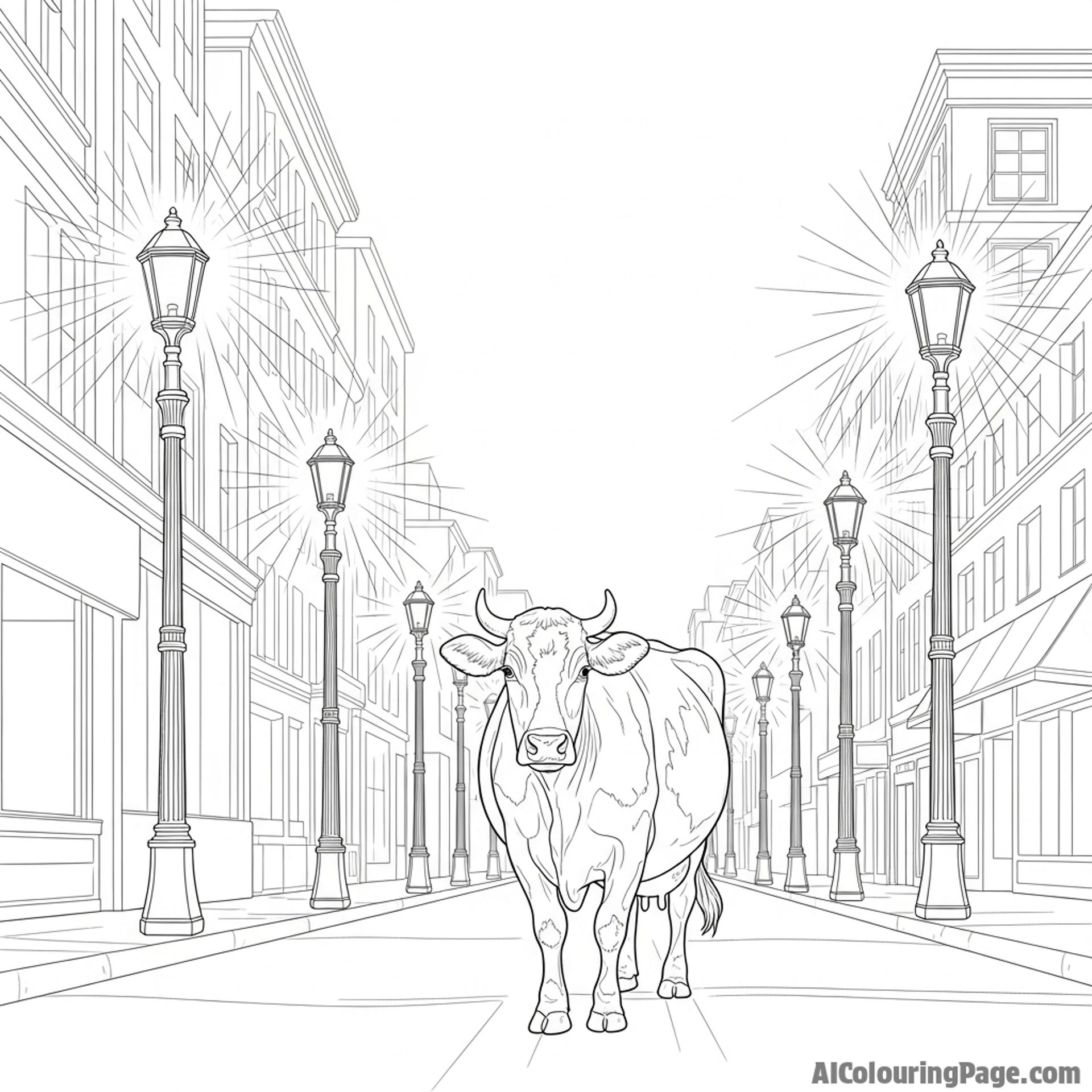 An urban fantasy scene of a cow calmly walking down an empty, lamplit city street.