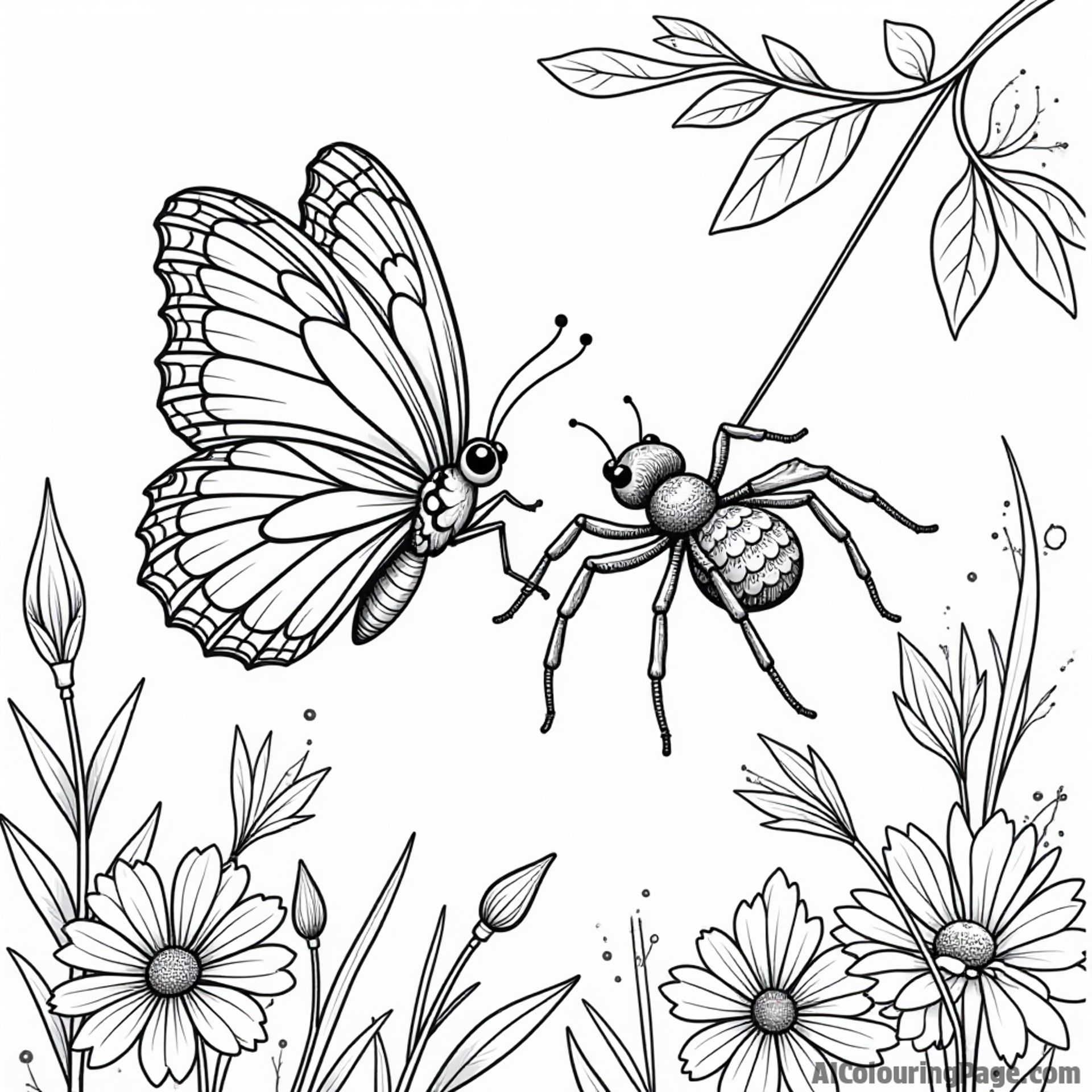A butterfly meeting a friendly spider weaving a web, with colorful flowers around, perfect for imaginative coloring fun.