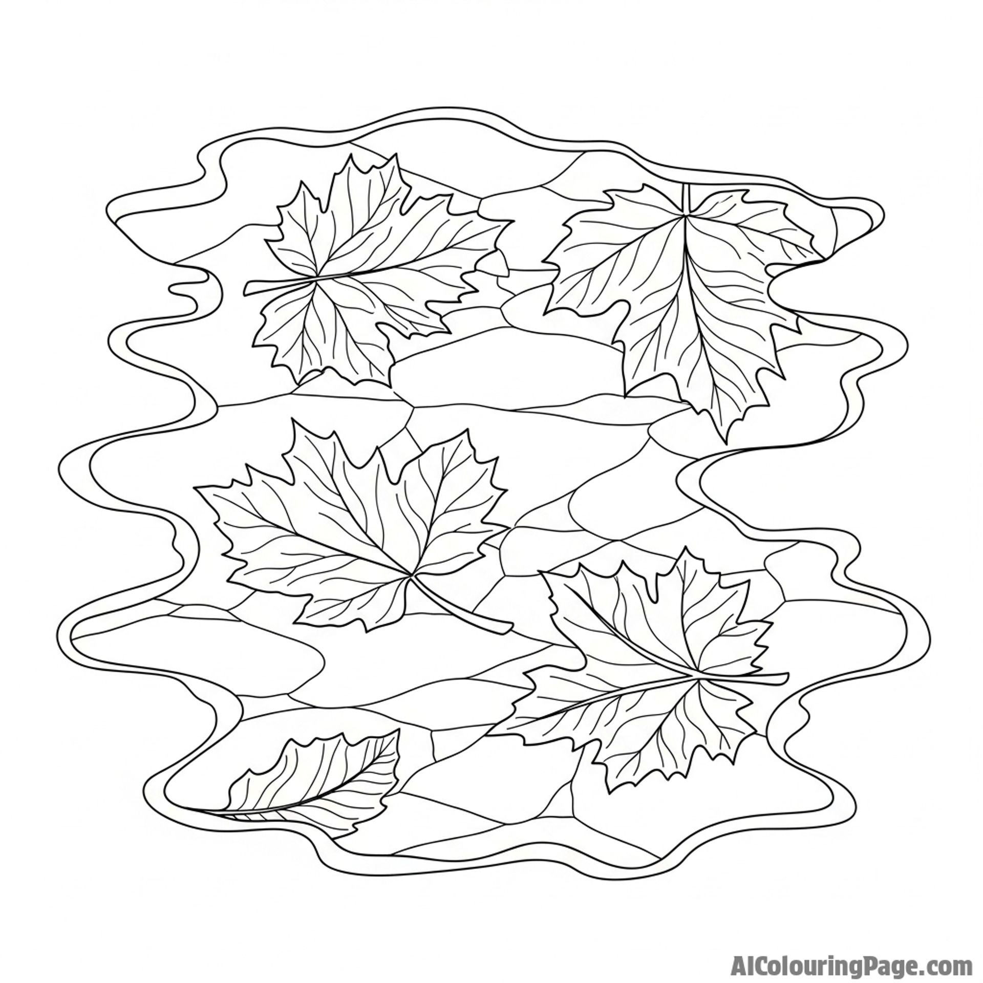 Leaves reflecting in a puddle of rainwater, distorted and fragmented.