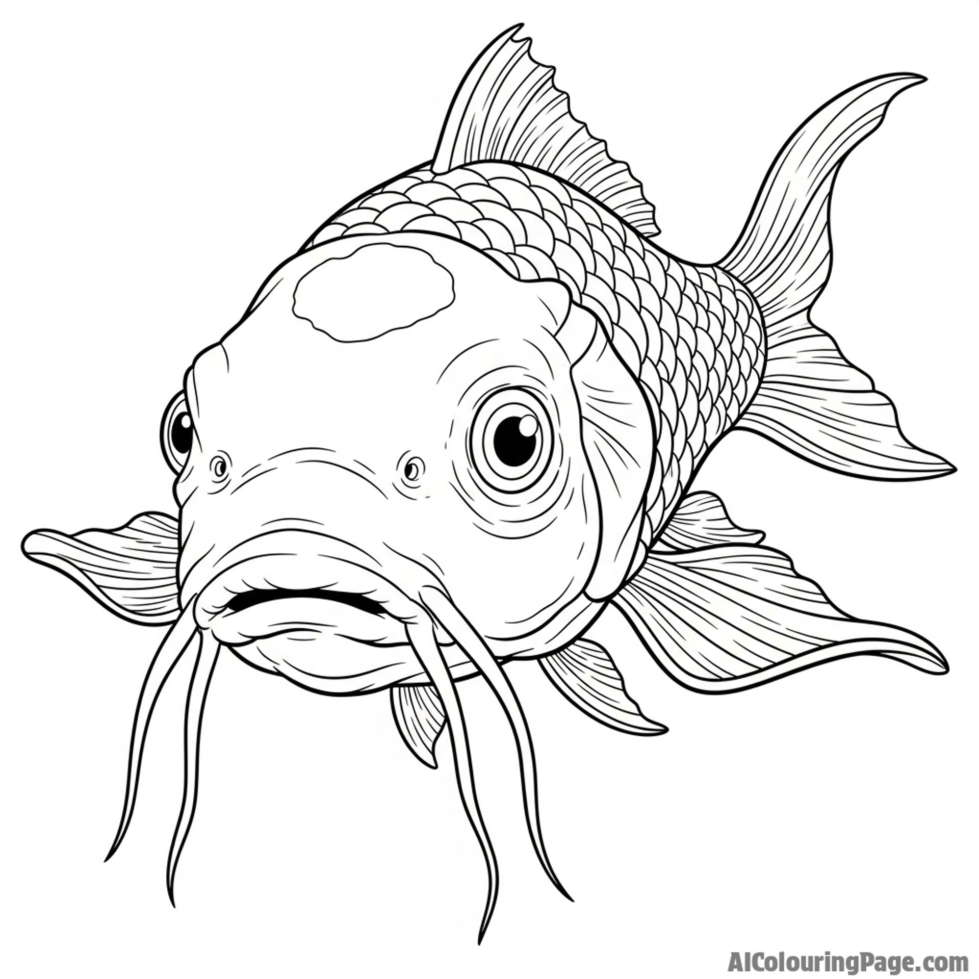 A close-up portrait of a wise, ancient koi, its long barbels trailing in the water.
