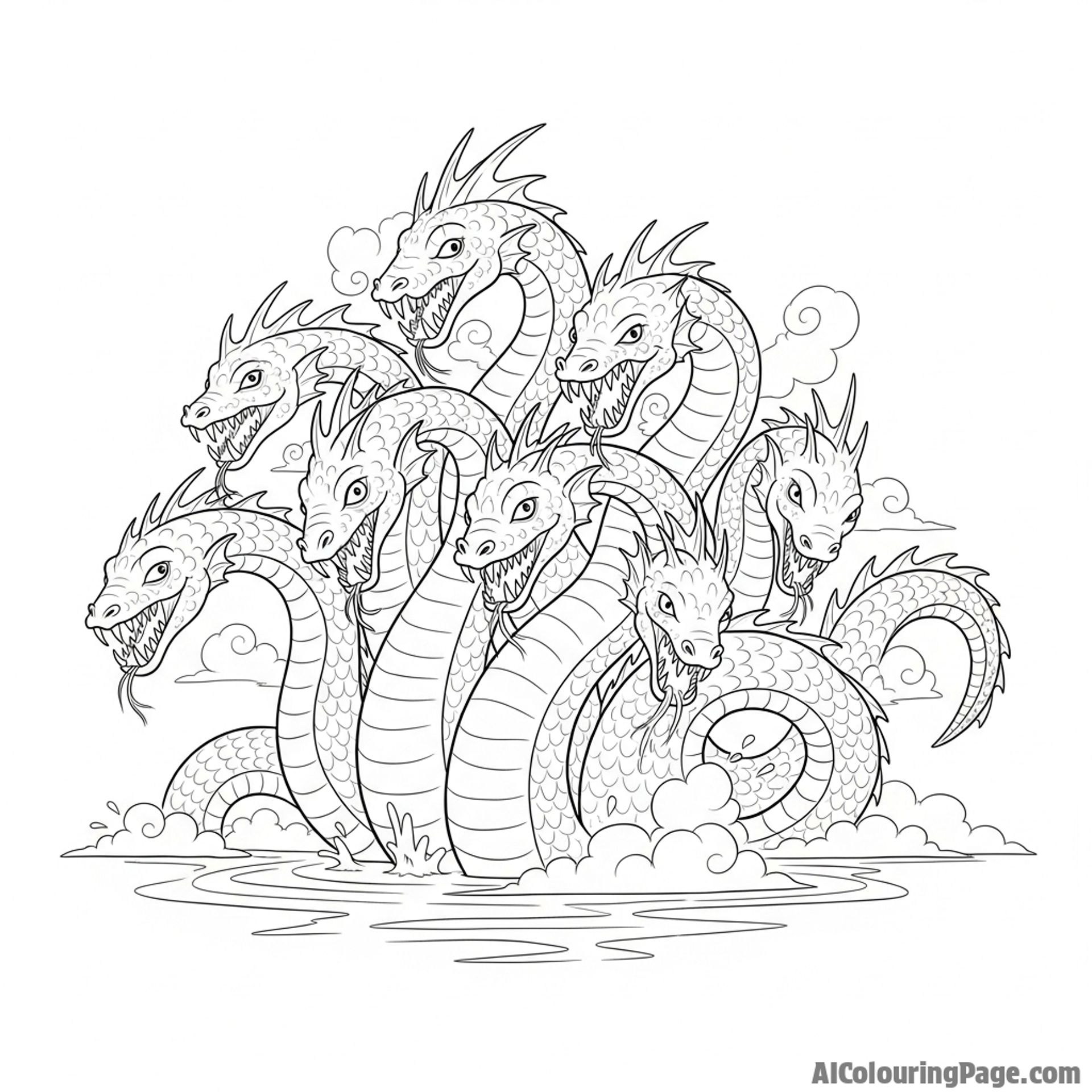 A multi-headed hydra rising from a misty lake, its necks twisting and turning.