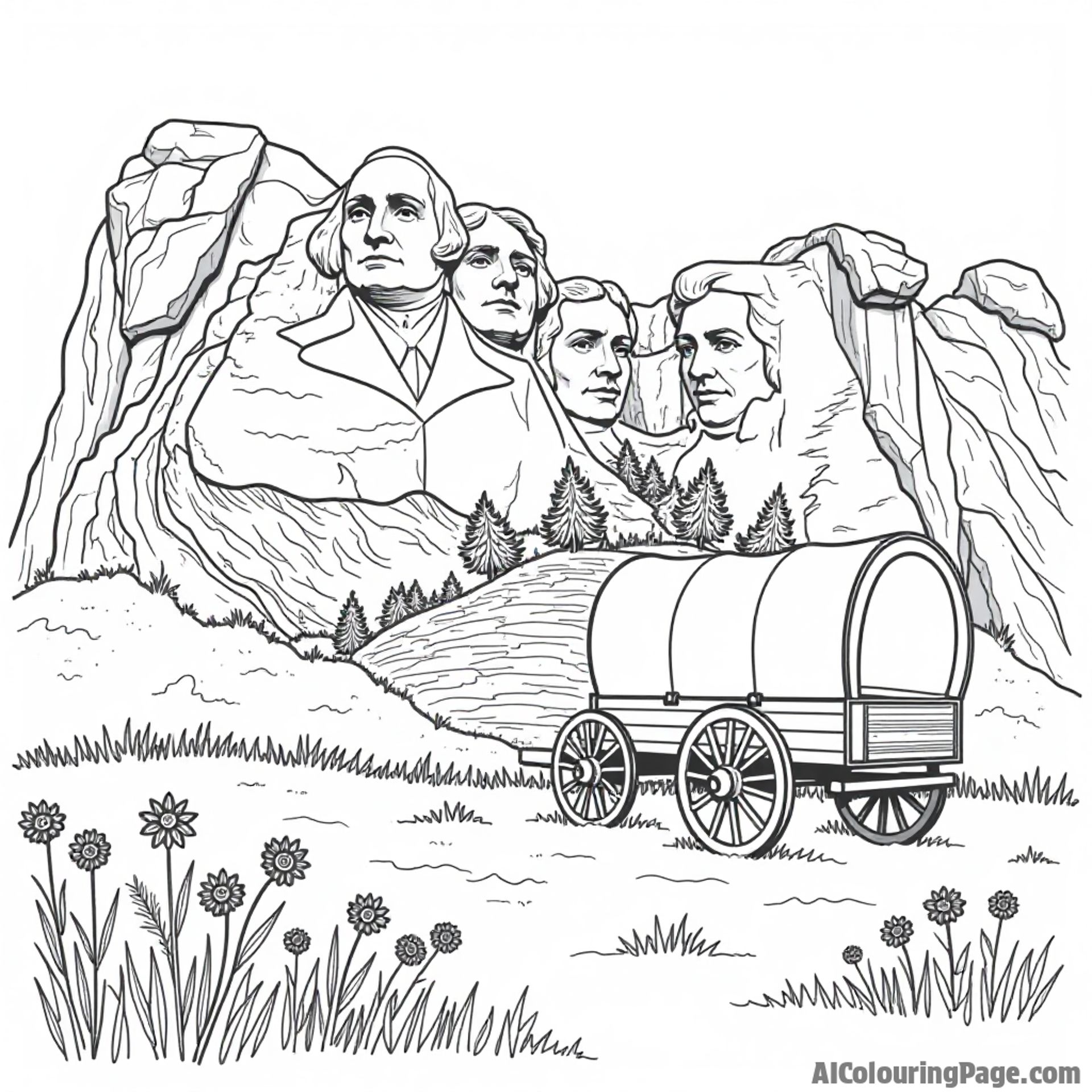 The iconic Mount Rushmore in the background with a covered wagon and wildflowers in the foreground, ideal for coloring.