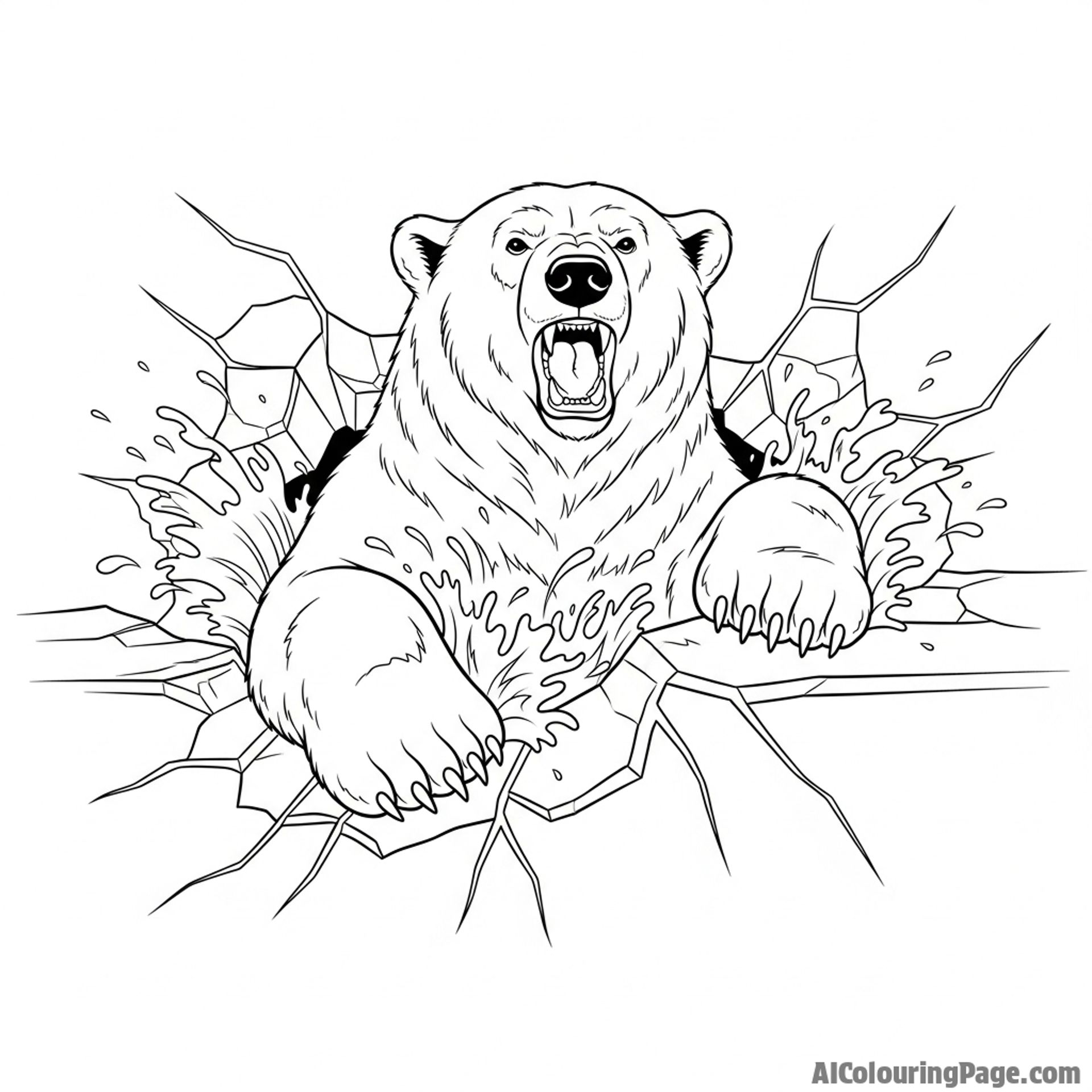 A powerful polar bear breaking through a thin layer of ice with its forepaws.