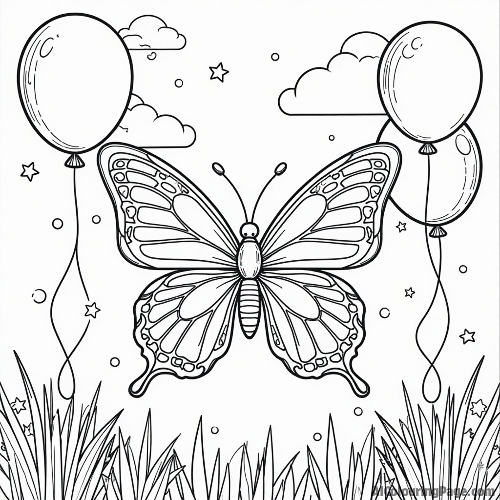 A butterfly surrounded by colorful balloons floating in the sky, inviting kids to color a cheerful celebration scene.