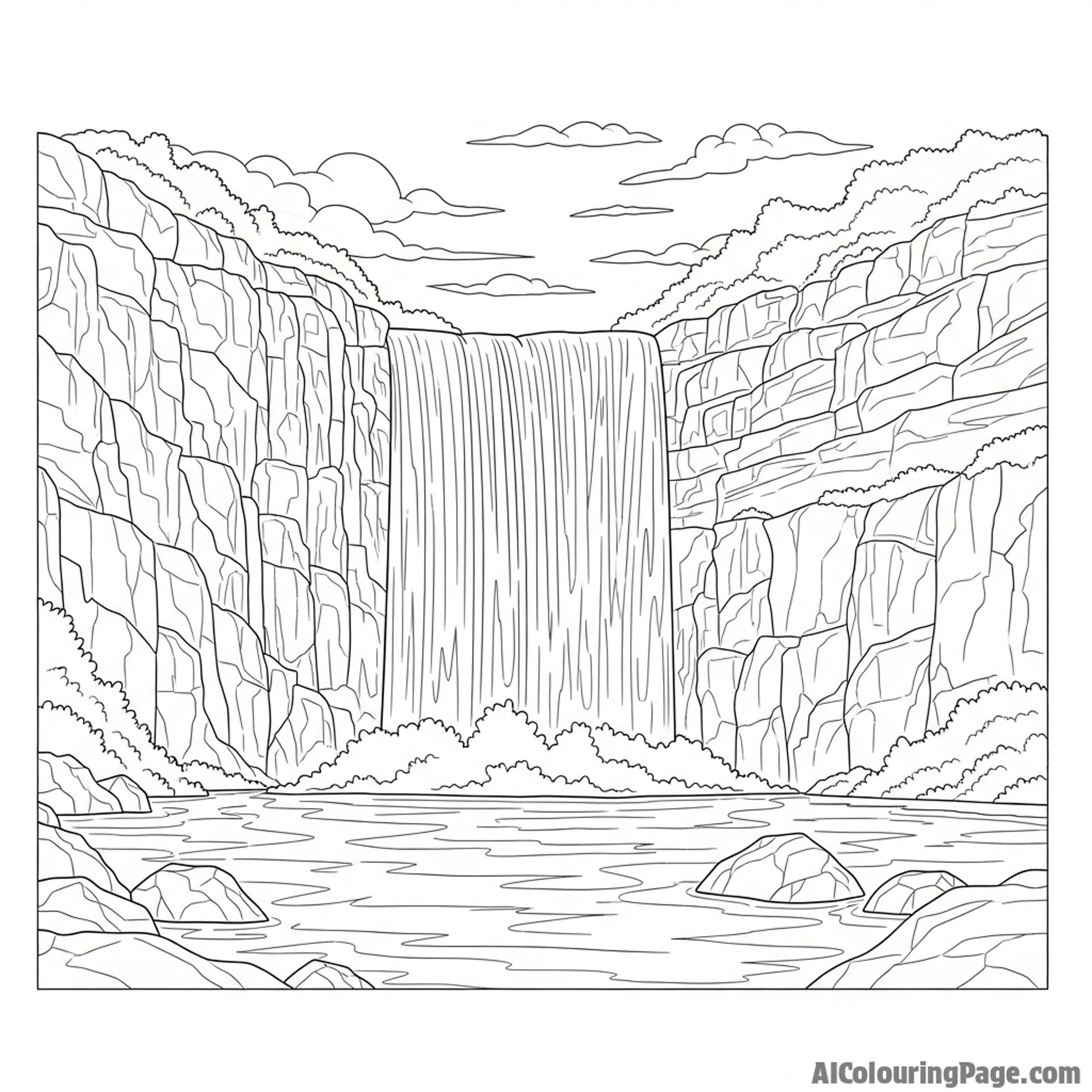 A majestic waterfall cascading into a clear pool.