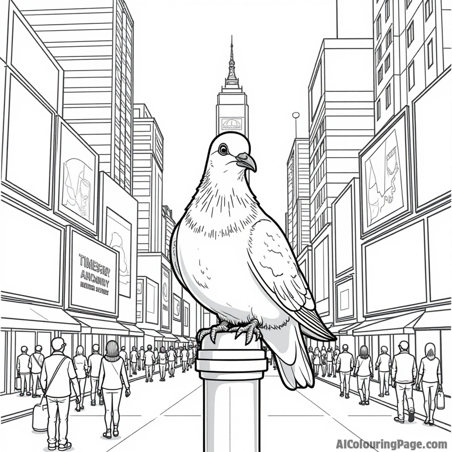 A friendly pigeon perched on a street lamp in Times Square, surrounded by bright billboards and tourists taking pictures.