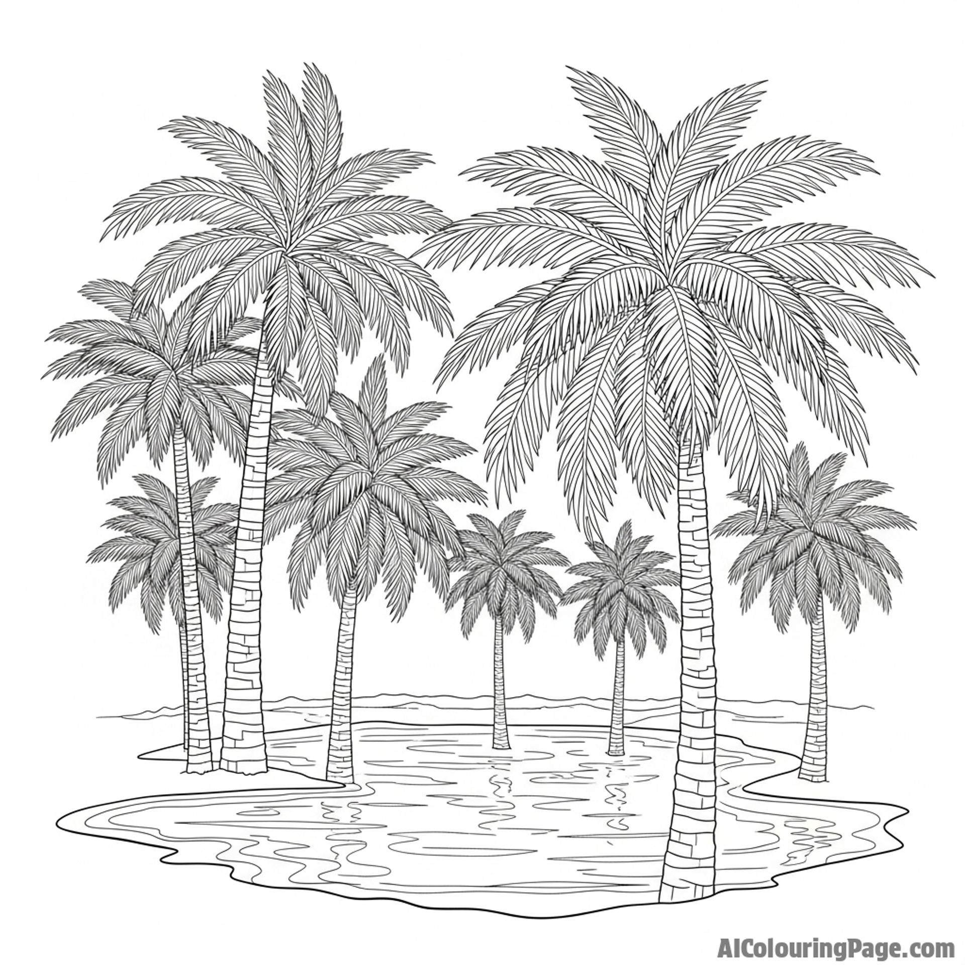 Hidden oasis, date palms, shimmering water mirage.