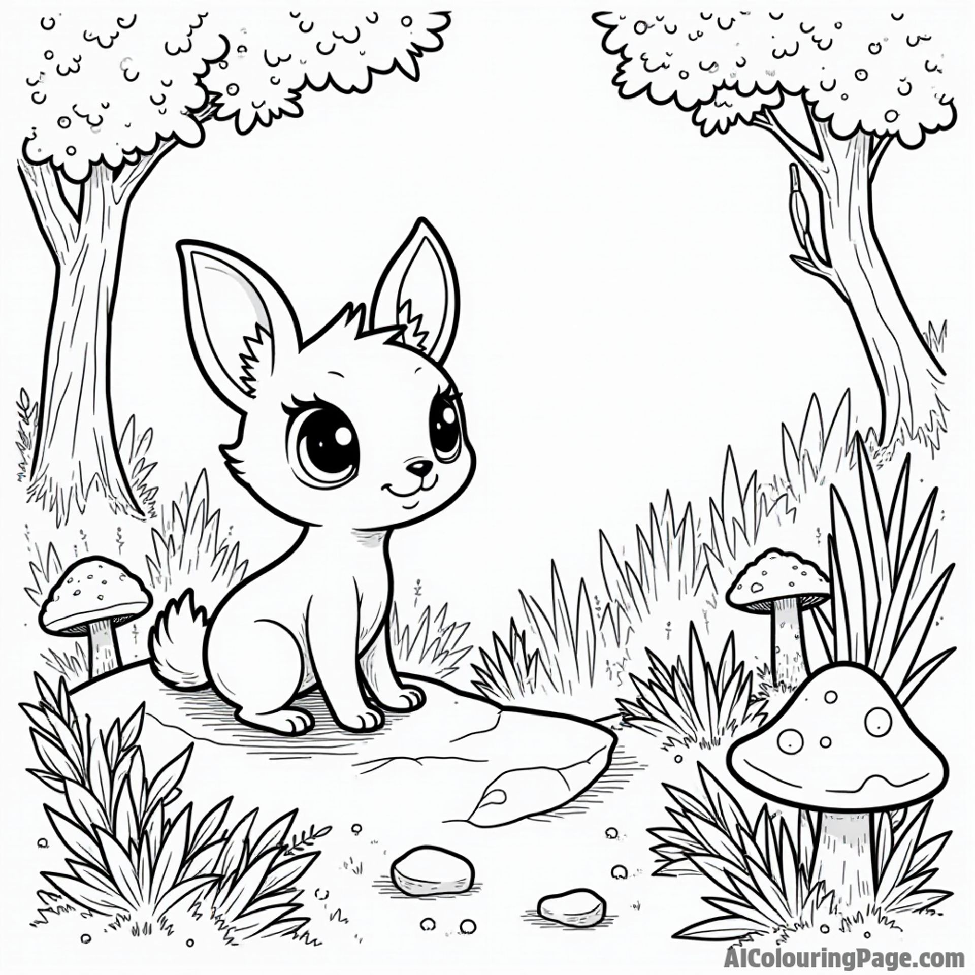 A curious Axew peeking out from behind a rock in a lush forest filled with colorful mushrooms and plants.