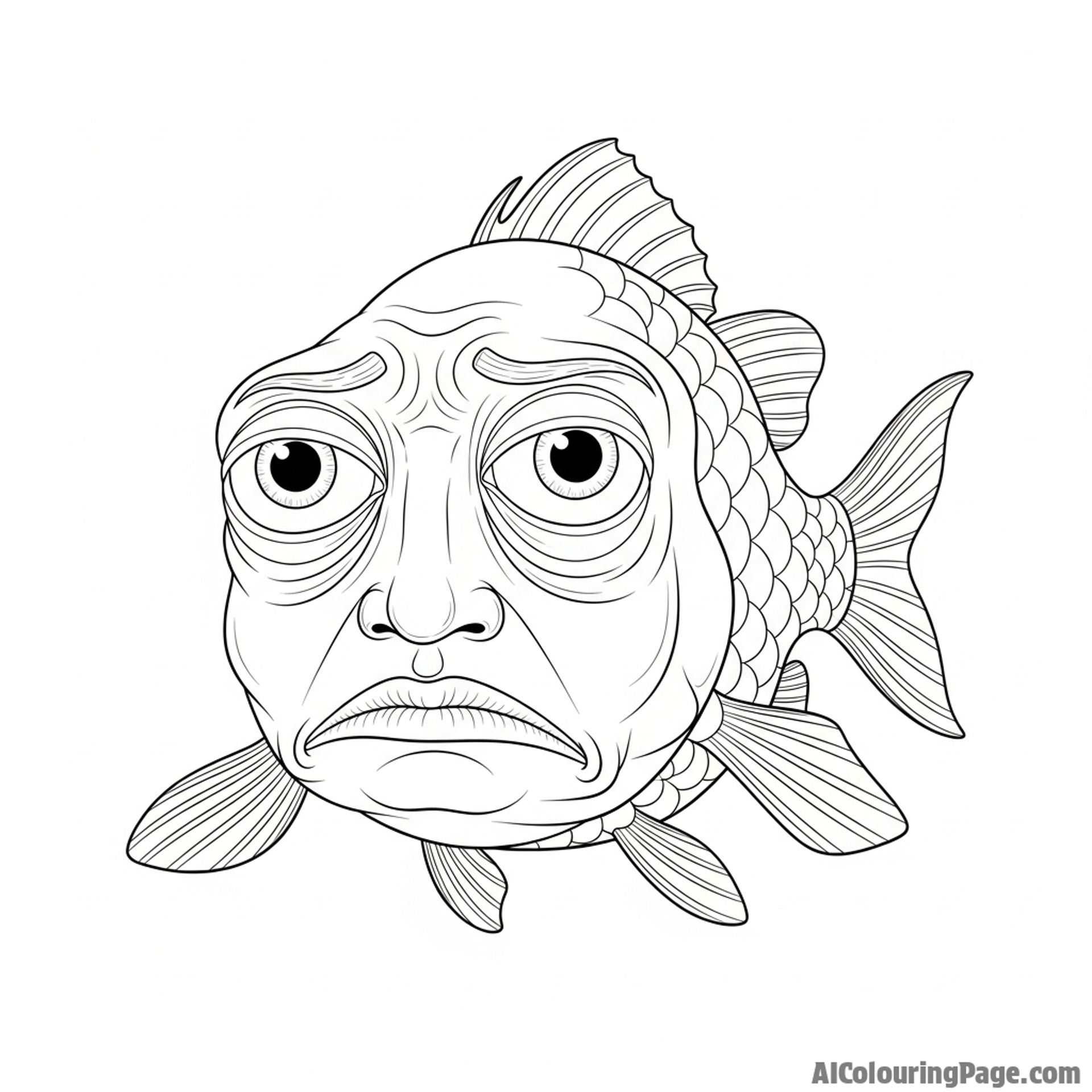 A fish with a somber, human-like face, a surreal and unsettling portrait.
