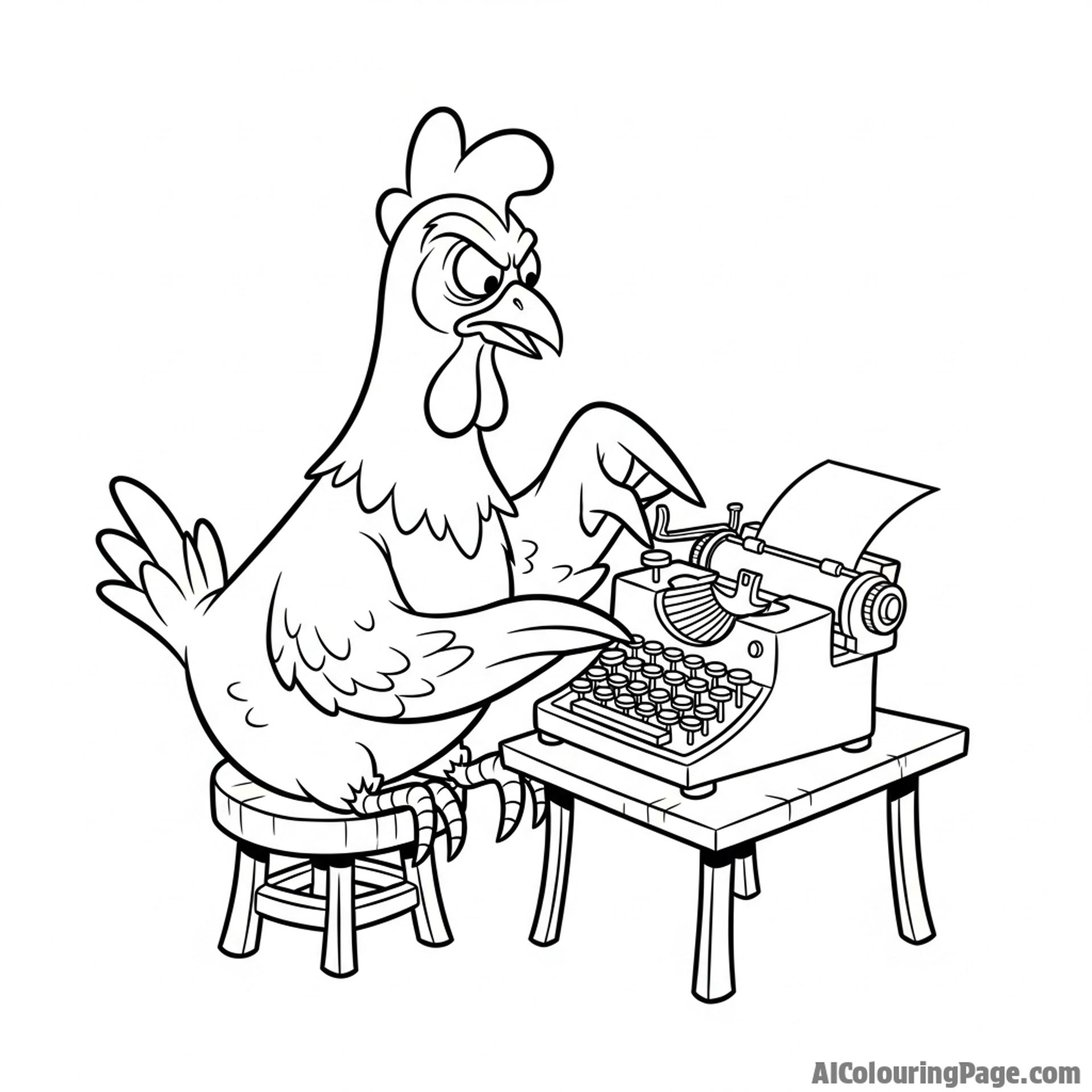 A humorous scene of a chicken attempting to use a tiny typewriter.