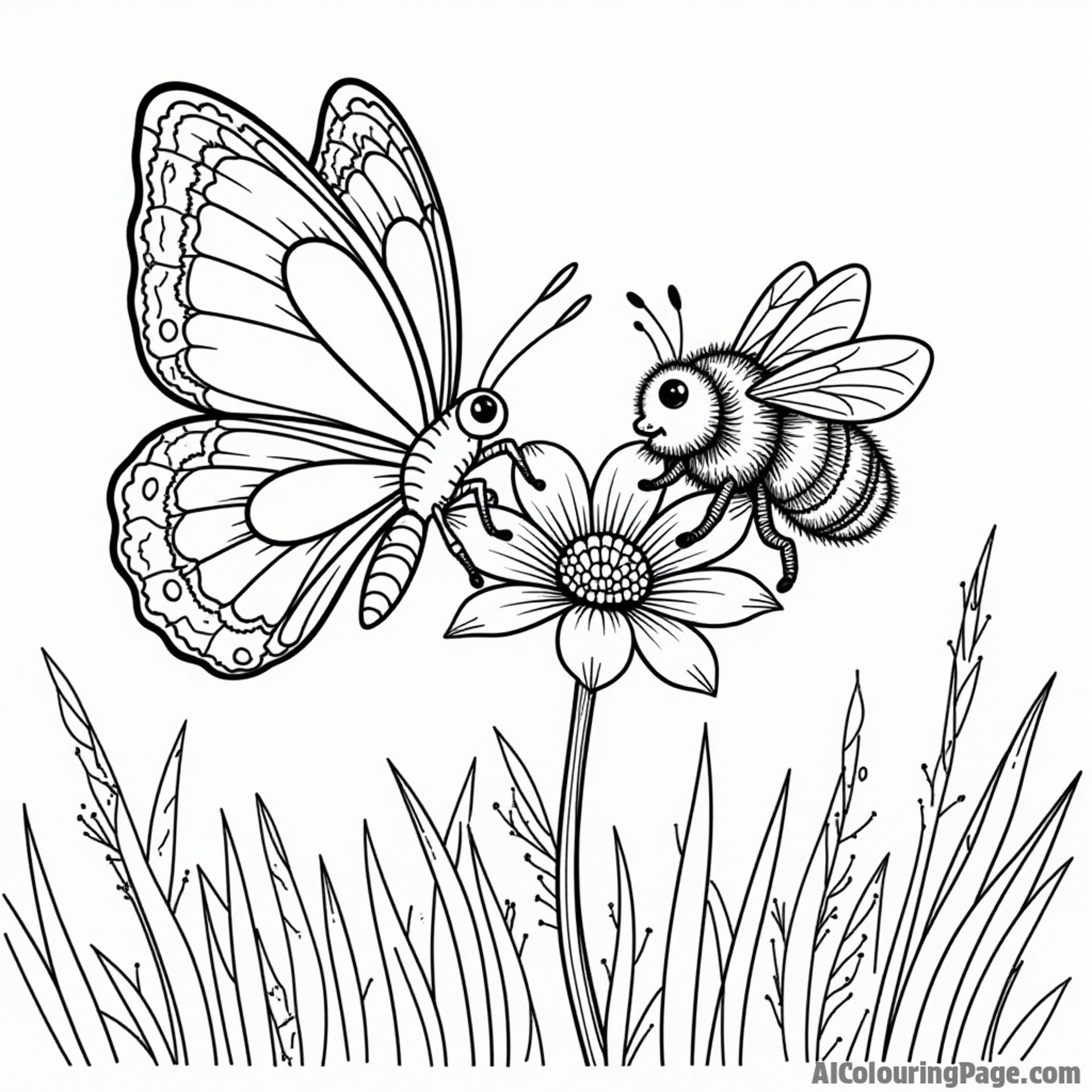 A butterfly and a bumblebee sharing a flower in a sunny meadow, complete with tall grass, perfect for coloring fun.