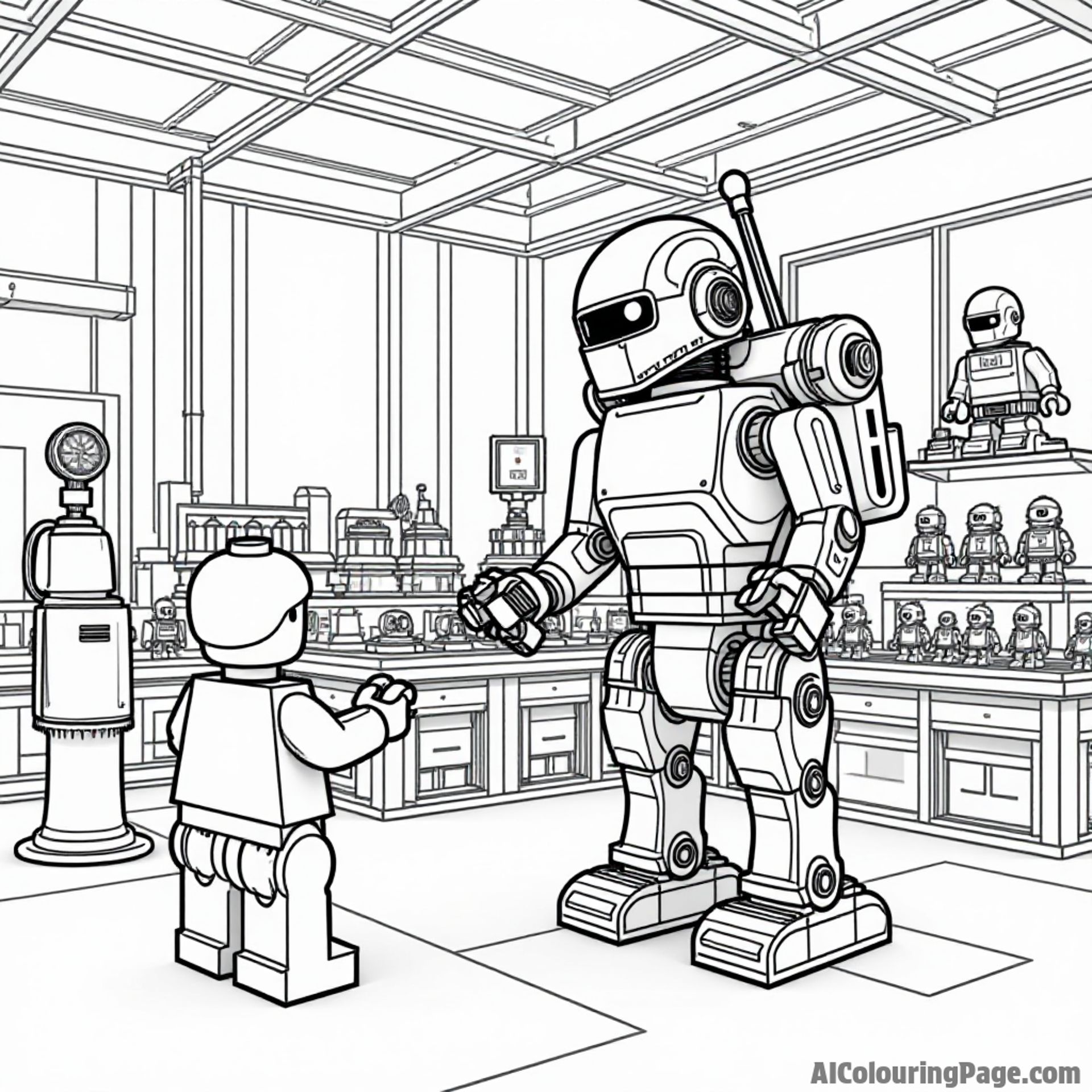 A LEGO robot factory with machines assembling robots, workers monitoring the process, and a variety of robots displayed.