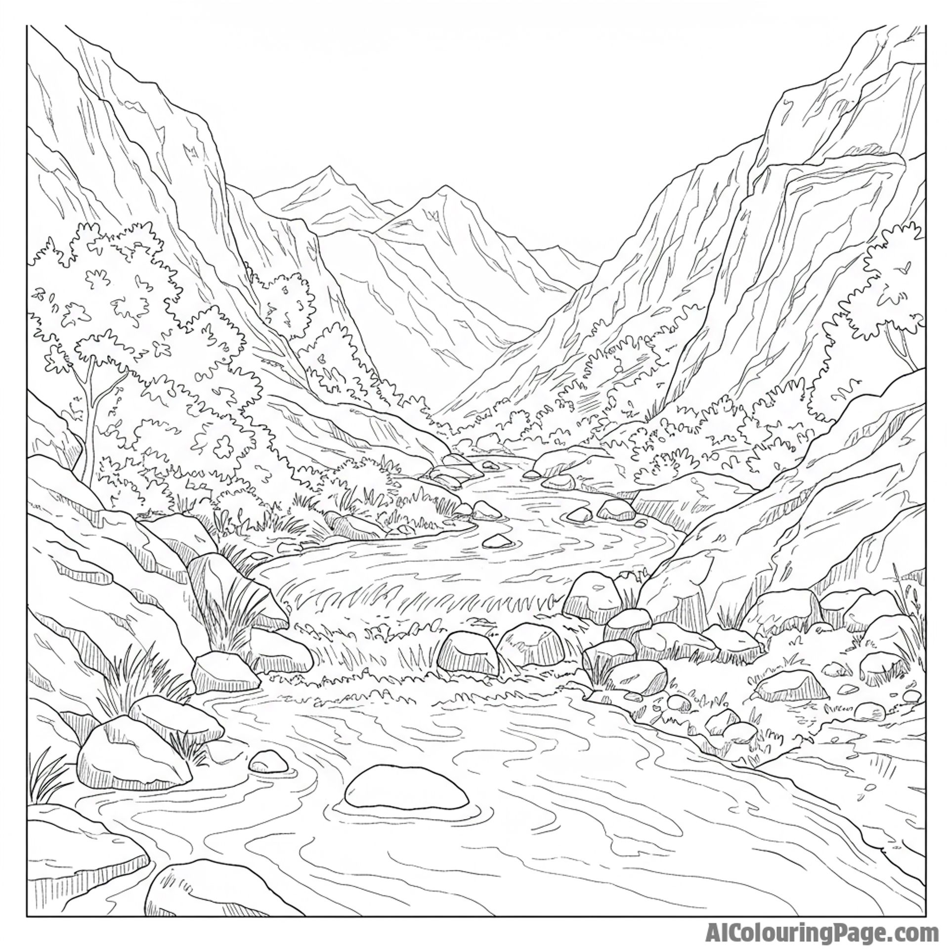 A stream flowing through a rocky valley.