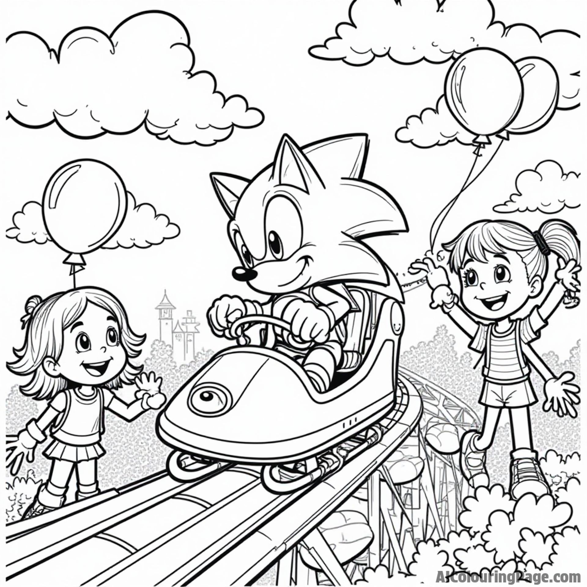A colorful carnival scene with Sonic on a roller coaster, surrounded by balloons, cotton candy, and joyful children laughing.