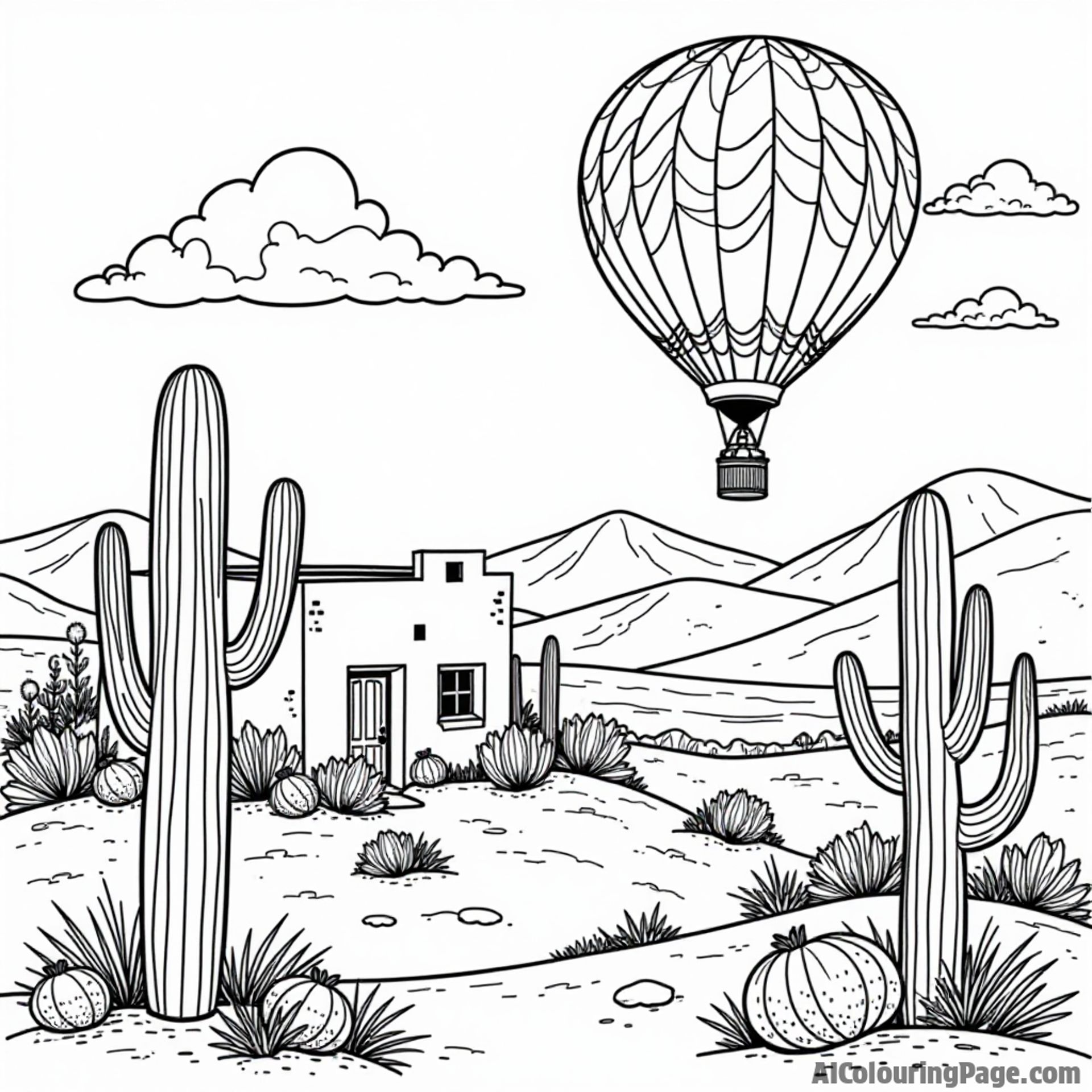 A scenic desert landscape with cacti, a quaint adobe house, and a colorful hot air balloon soaring above New Mexico.