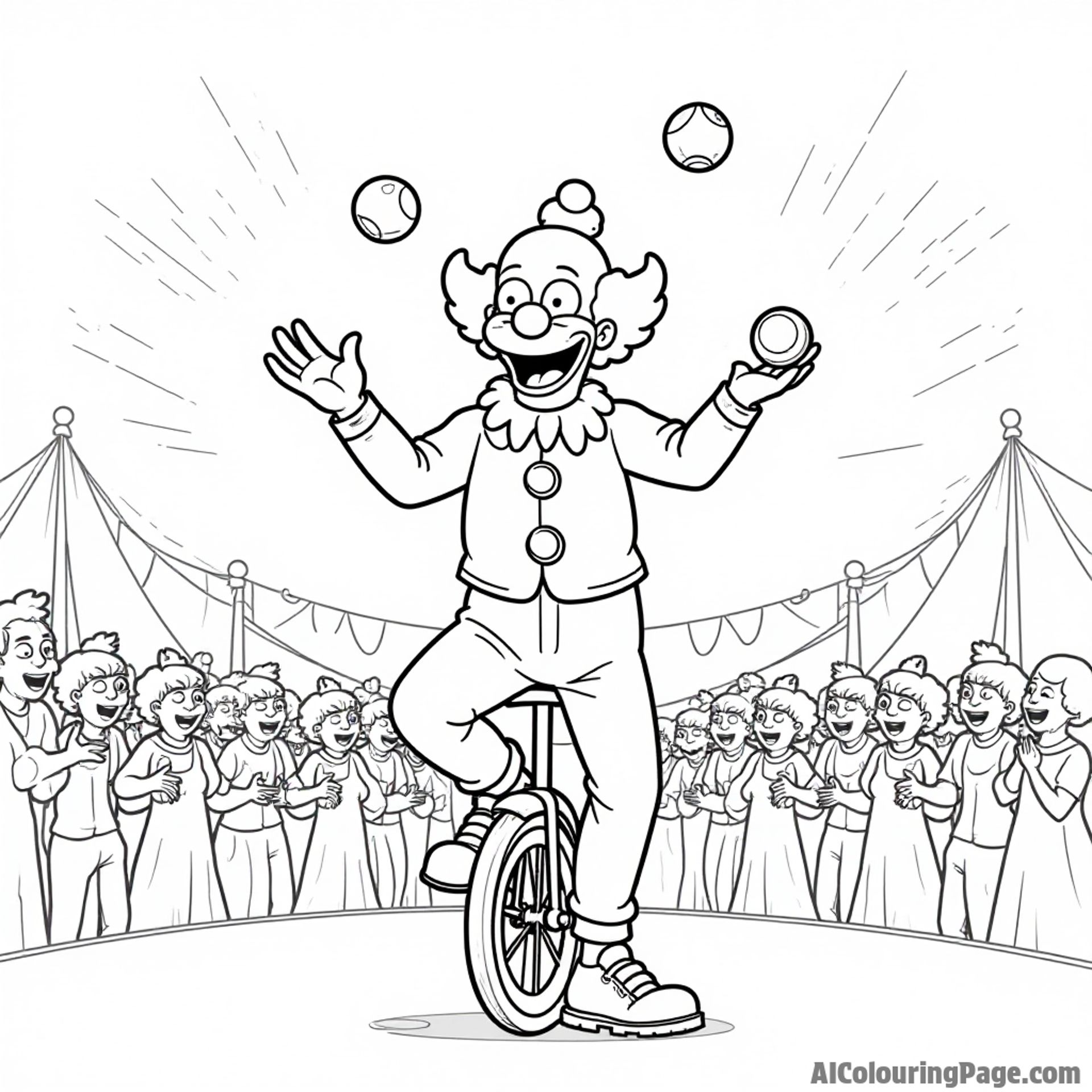 Krusty the Clown juggling colorful balls while standing on a unicycle in front of a cheering audience at a circus.