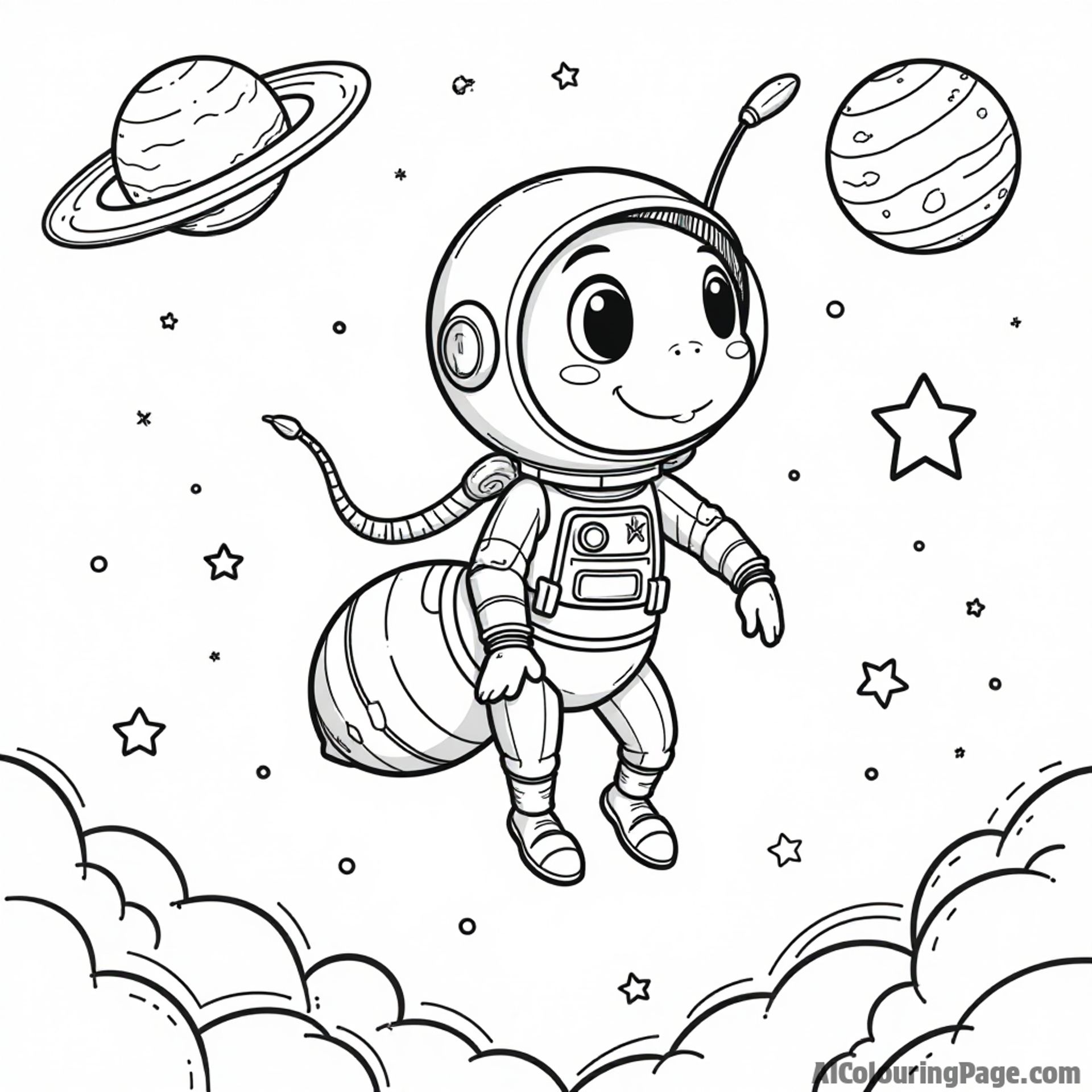 An ant dressed as an astronaut floating in space with stars and planets, sparking imagination for kids to color.