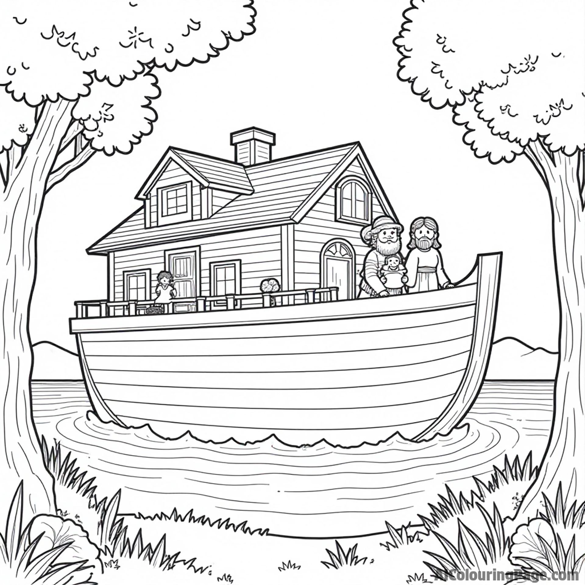 The ark surrounded by lush trees and flowers, with Noah and his family enjoying a picnic on the deck.