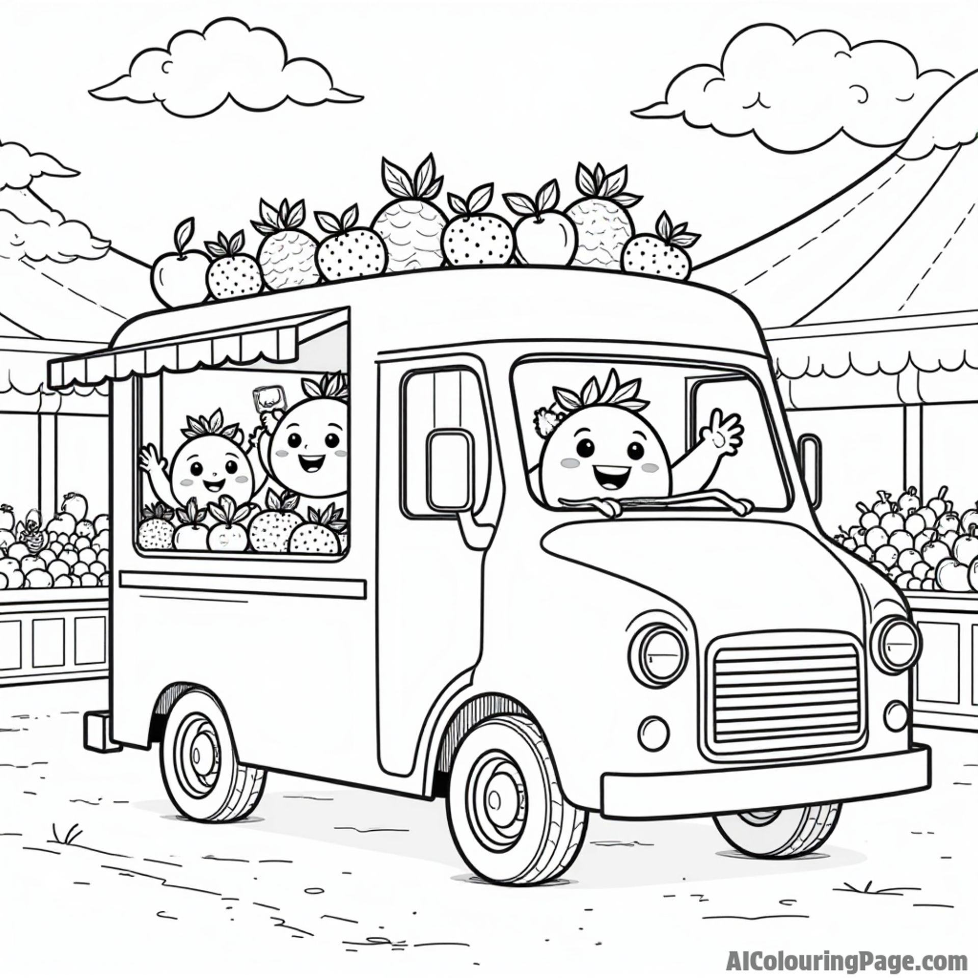 A delightful fruit truck selling fresh fruits, with happy fruit characters waving from the windows in a bustling market.