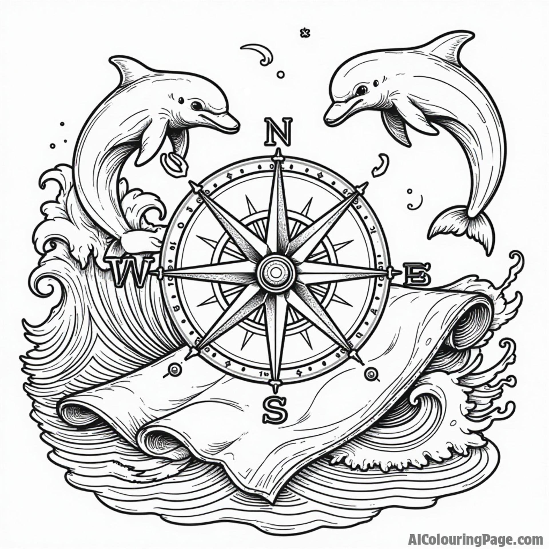 A vintage-style compass surrounded by sea waves, playful dolphins jumping nearby, and a treasure map unfurled, inviting kids to color their own adventure on this fun page.