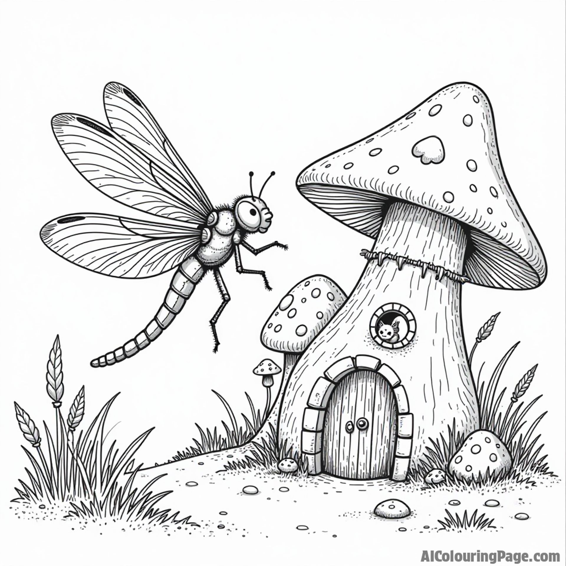 A dragonfly exploring a magical mushroom village with tiny doors and windows, where friendly critters peek out.