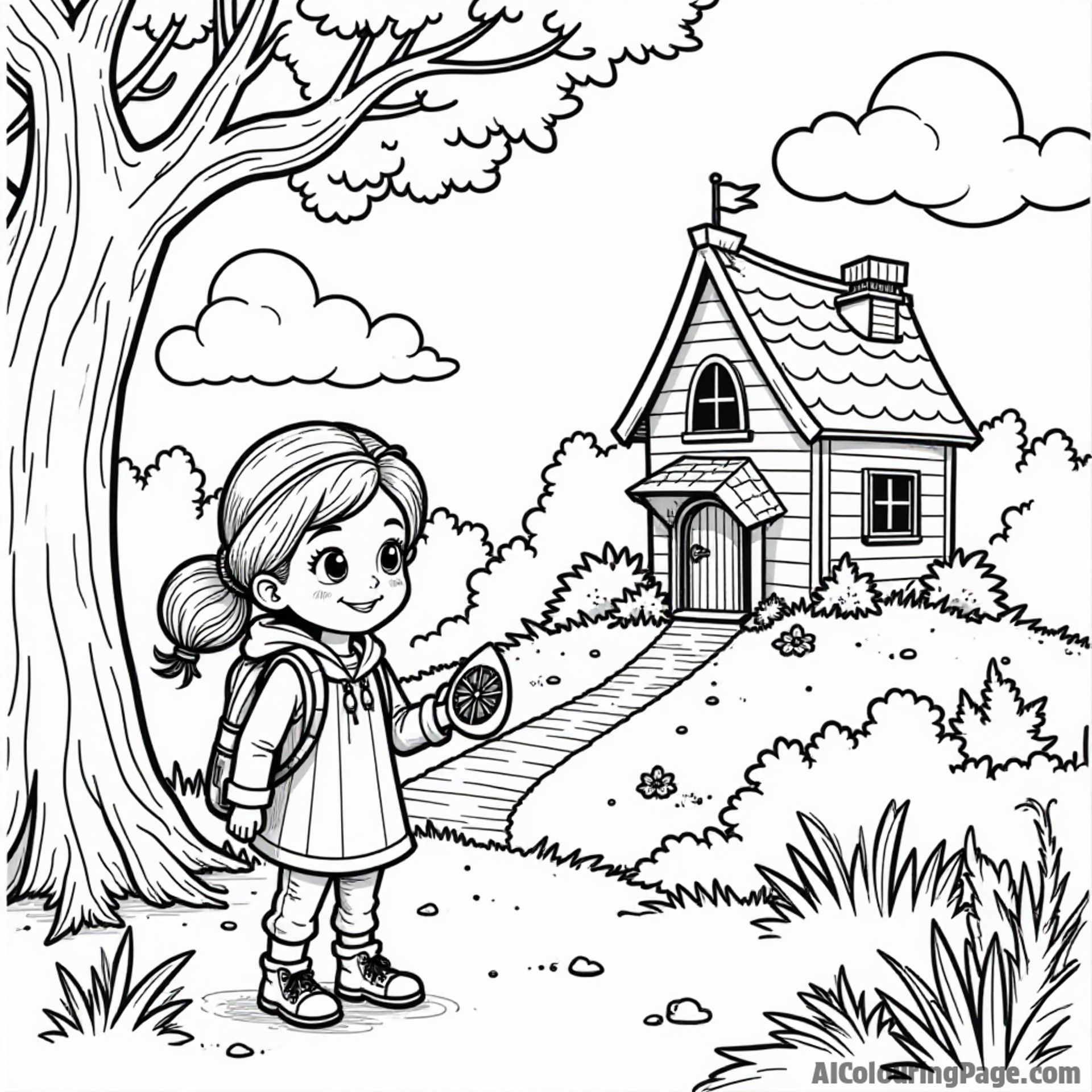 An adventurous scene showing a young girl with a compass, a magical treehouse, and friendly woodland creatures, all set against a sunny sky for a delightful coloring experience.
