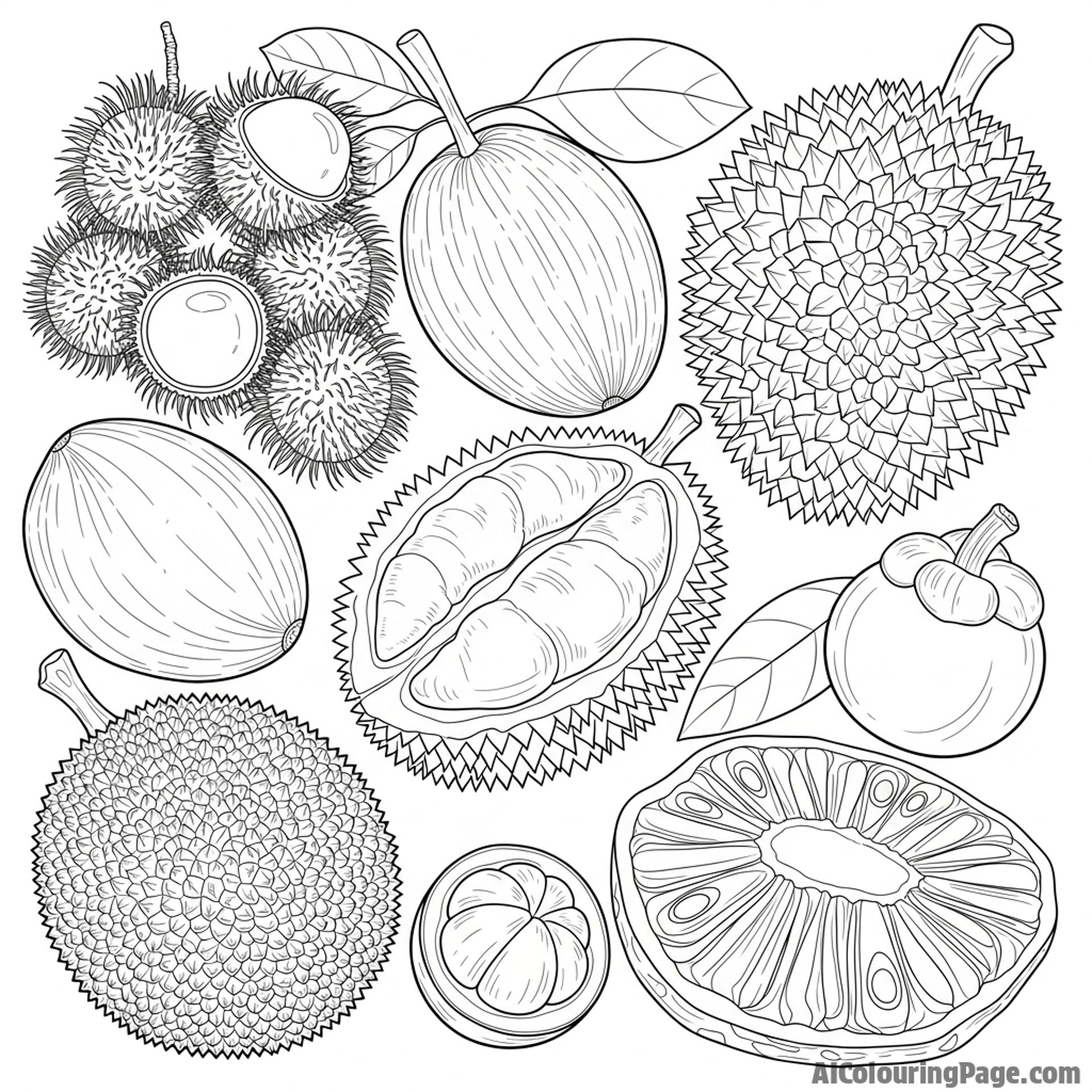 Detailed rendering of various exotic fruits native to the jungle.