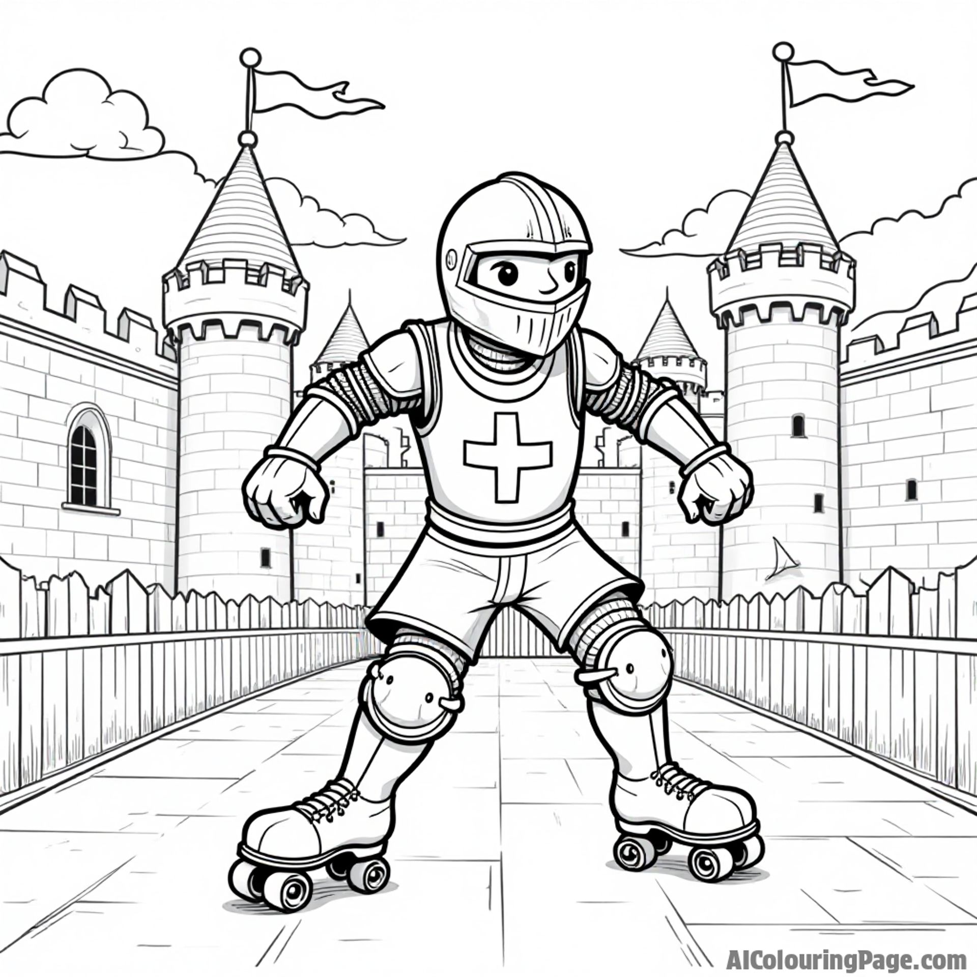 A cartoon knight roller-skating in a castle courtyard, with shields and banners, combining medieval themes with sports activities for a unique and adventurous coloring page for kids.