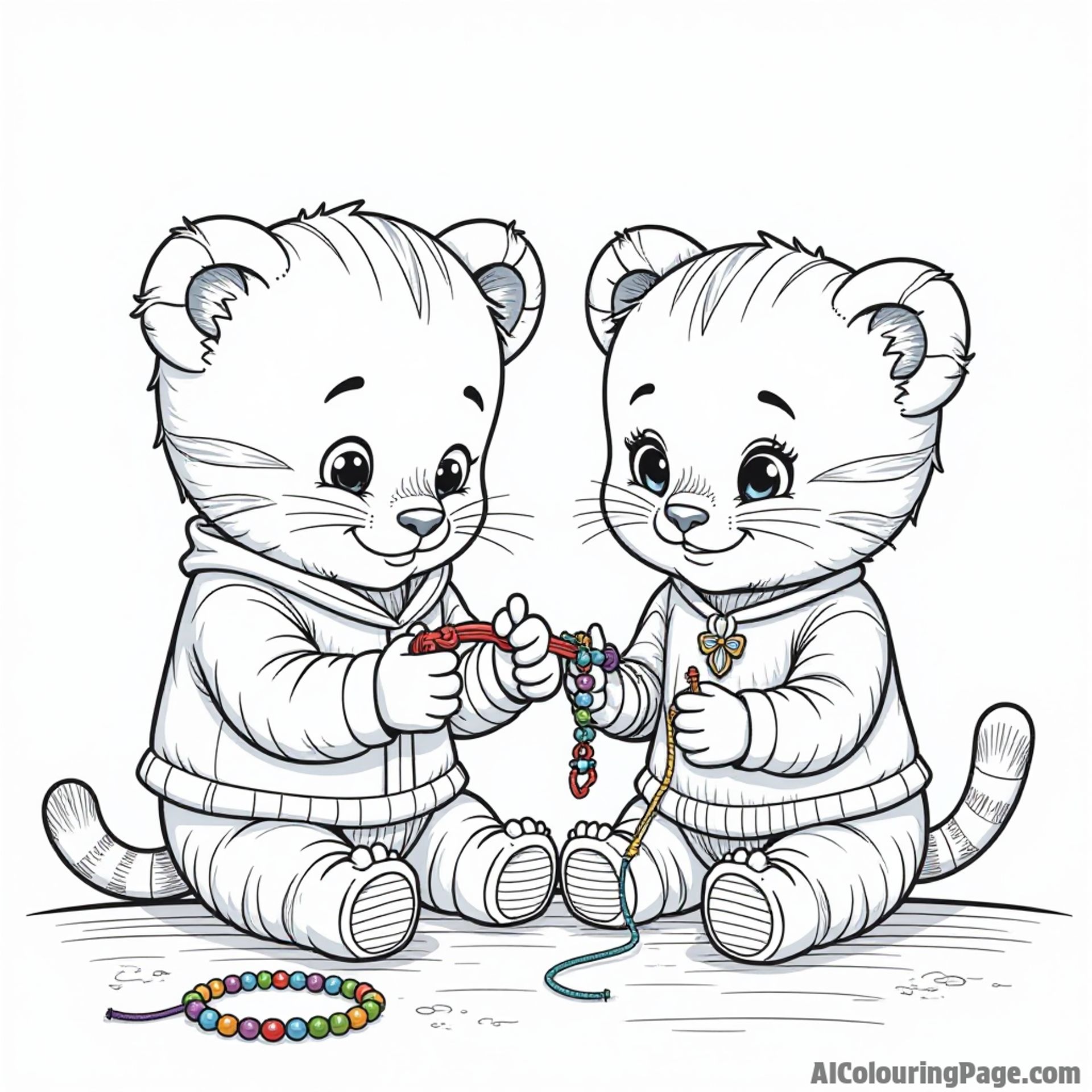 Daniel Tiger and Katerina Kittycat making friendship bracelets with colorful beads and string in a cozy craft corner.