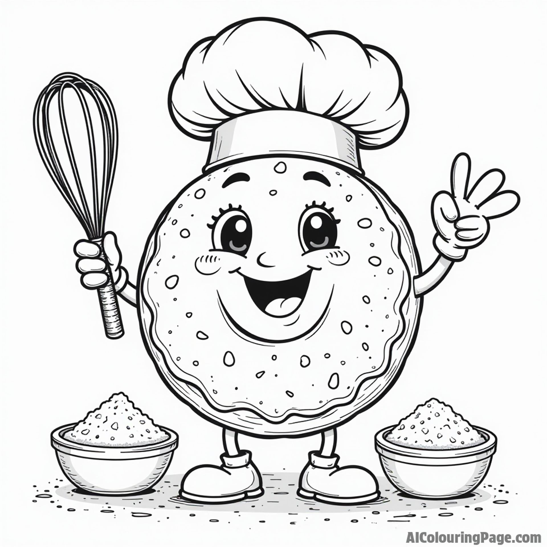 A happy donut character wearing a chef hat, holding a whisk, surrounded by flour, sugar, and baking ingredients.